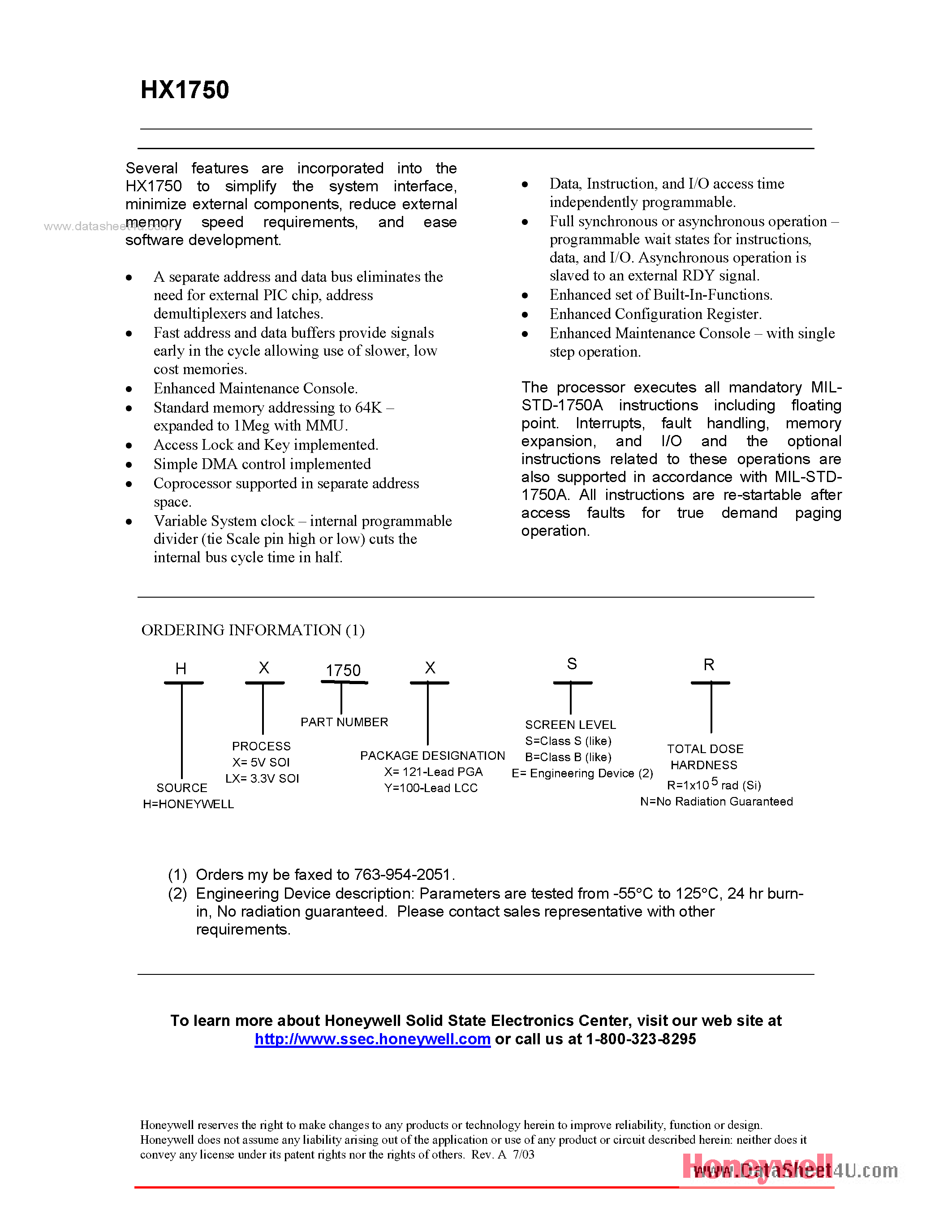 Даташит HX1750 - MIL-STD-1750A MICROPROCESSOR страница 2