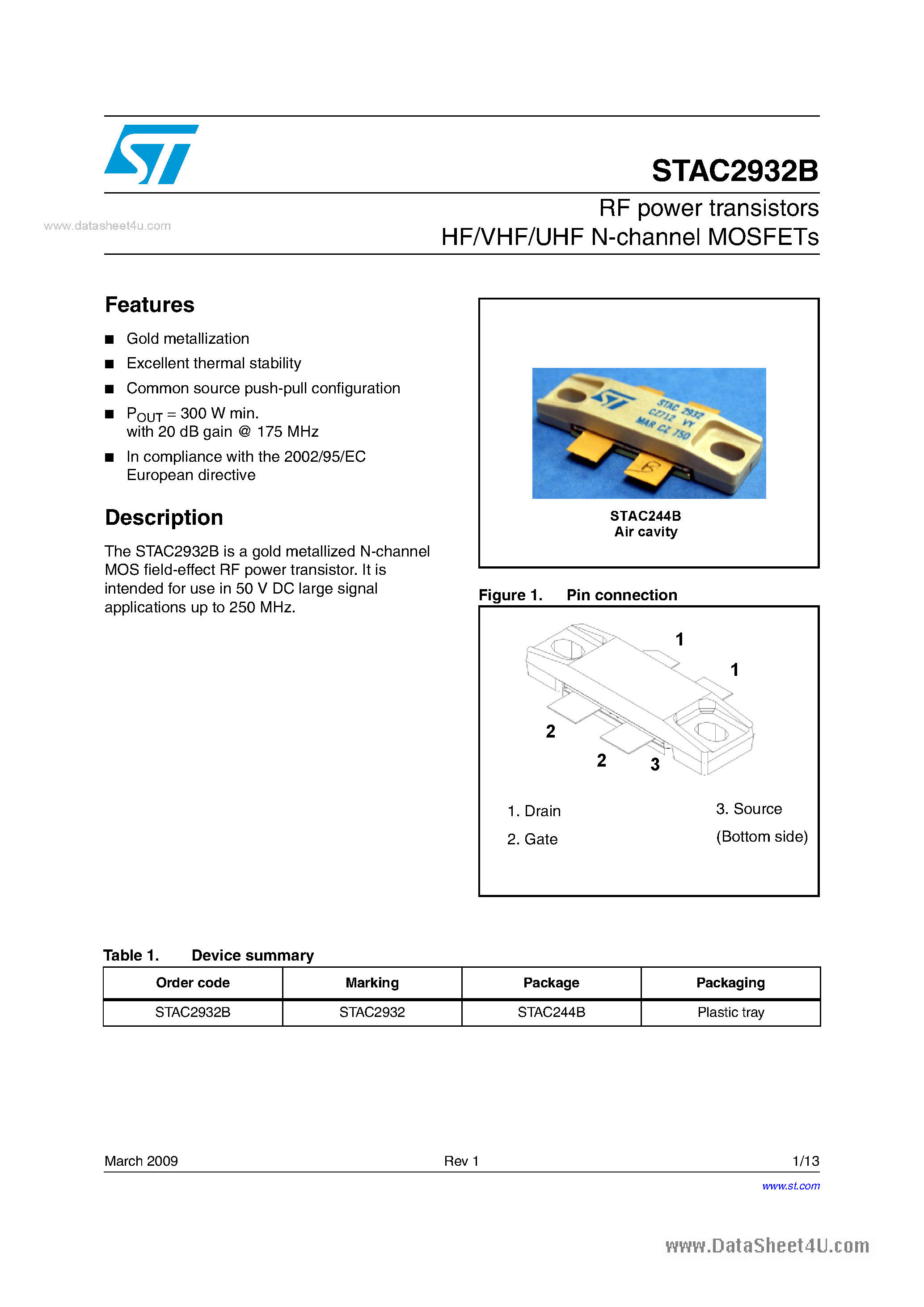 Даташит STAC2932B - RF power transistors HF/VHF/UHF N-channel MOSFETs страница 1