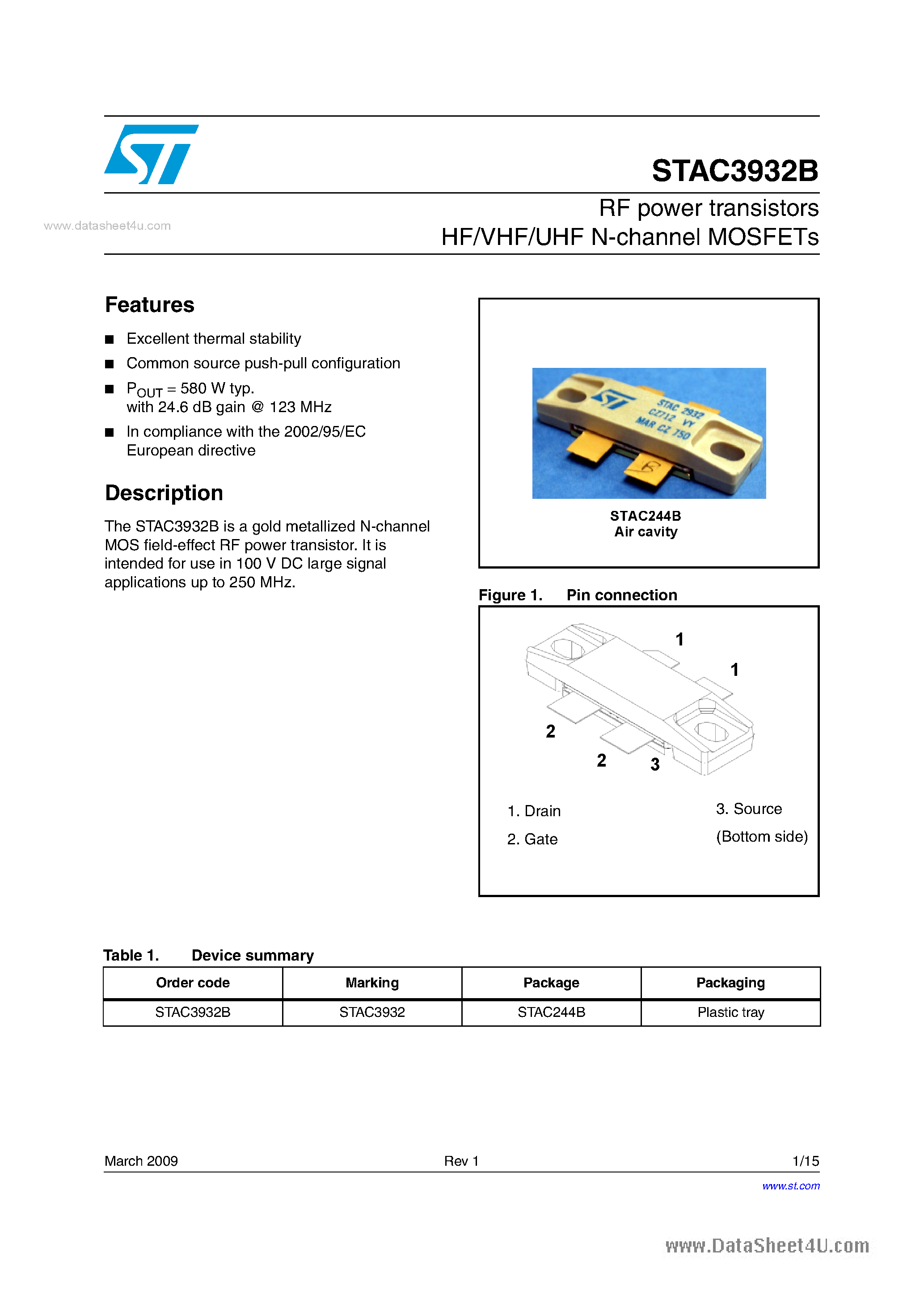 Даташит STAC3932B - RF power transistors HF/VHF/UHF N-channel MOSFETs страница 1