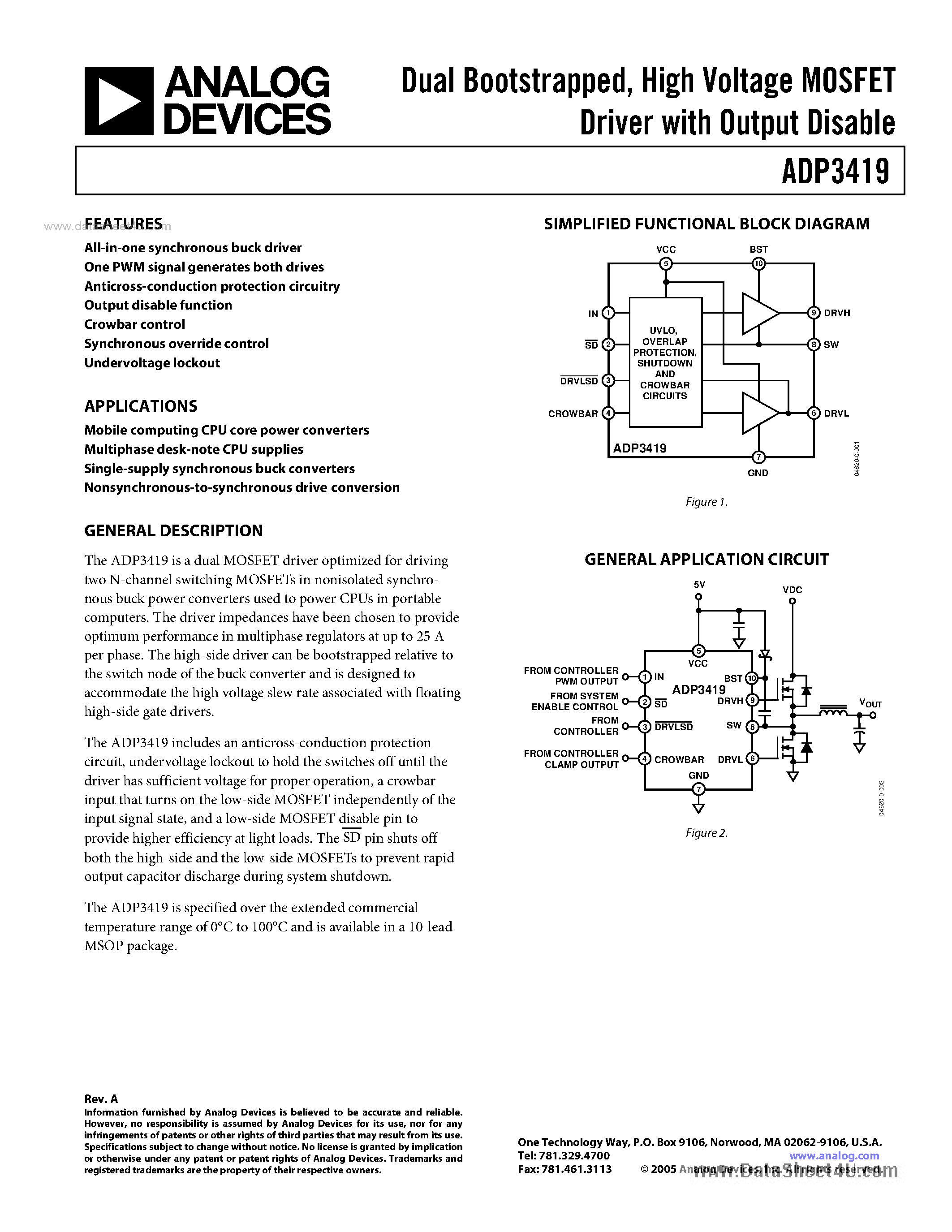 Datasheet ADP3419 - High Voltage MOSFET Driver page 1