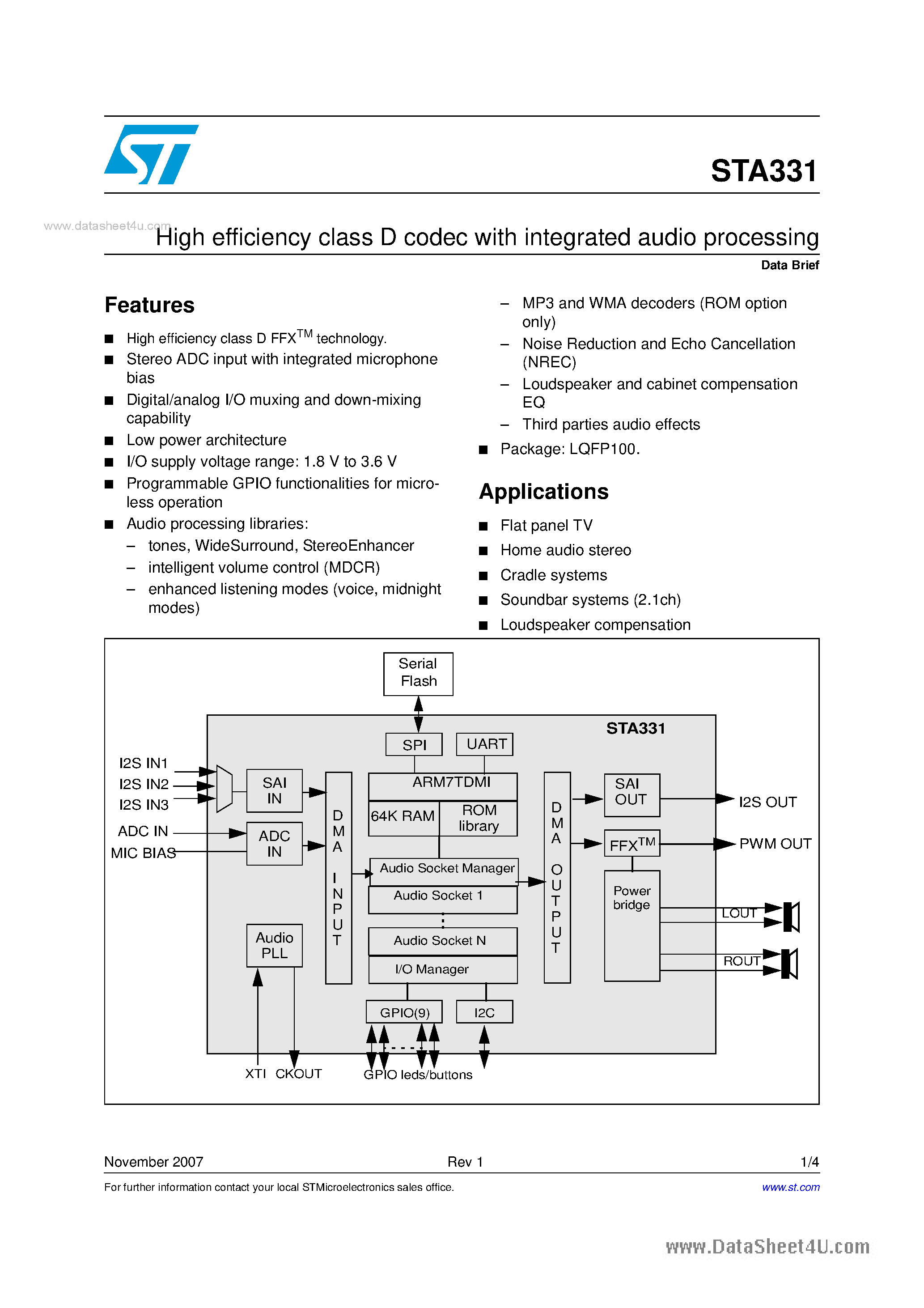 Даташит STA331 - High efficiency class D codec страница 1