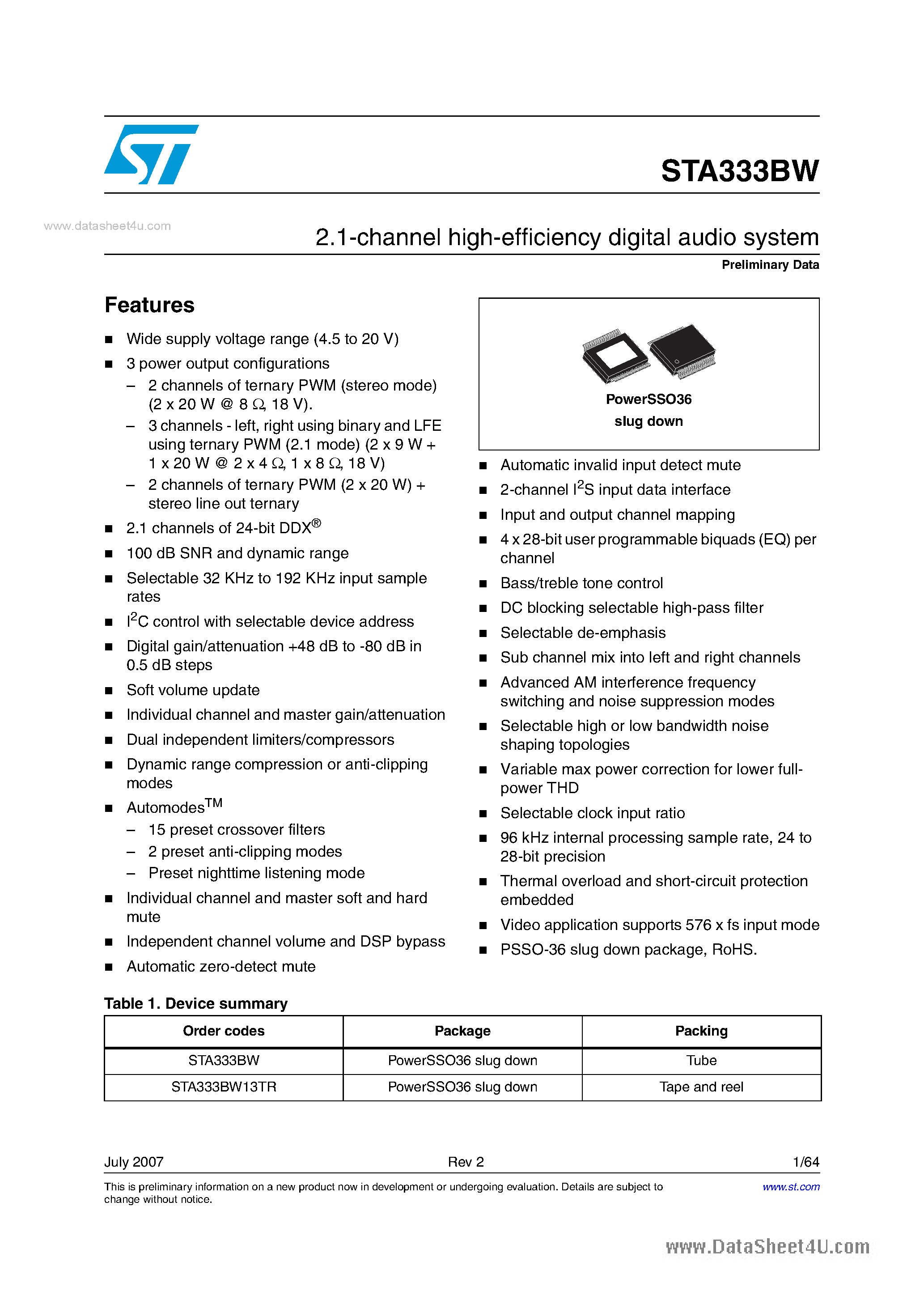 Даташит STA333BW - 2.1-channel high-efficiency digital audio system страница 1