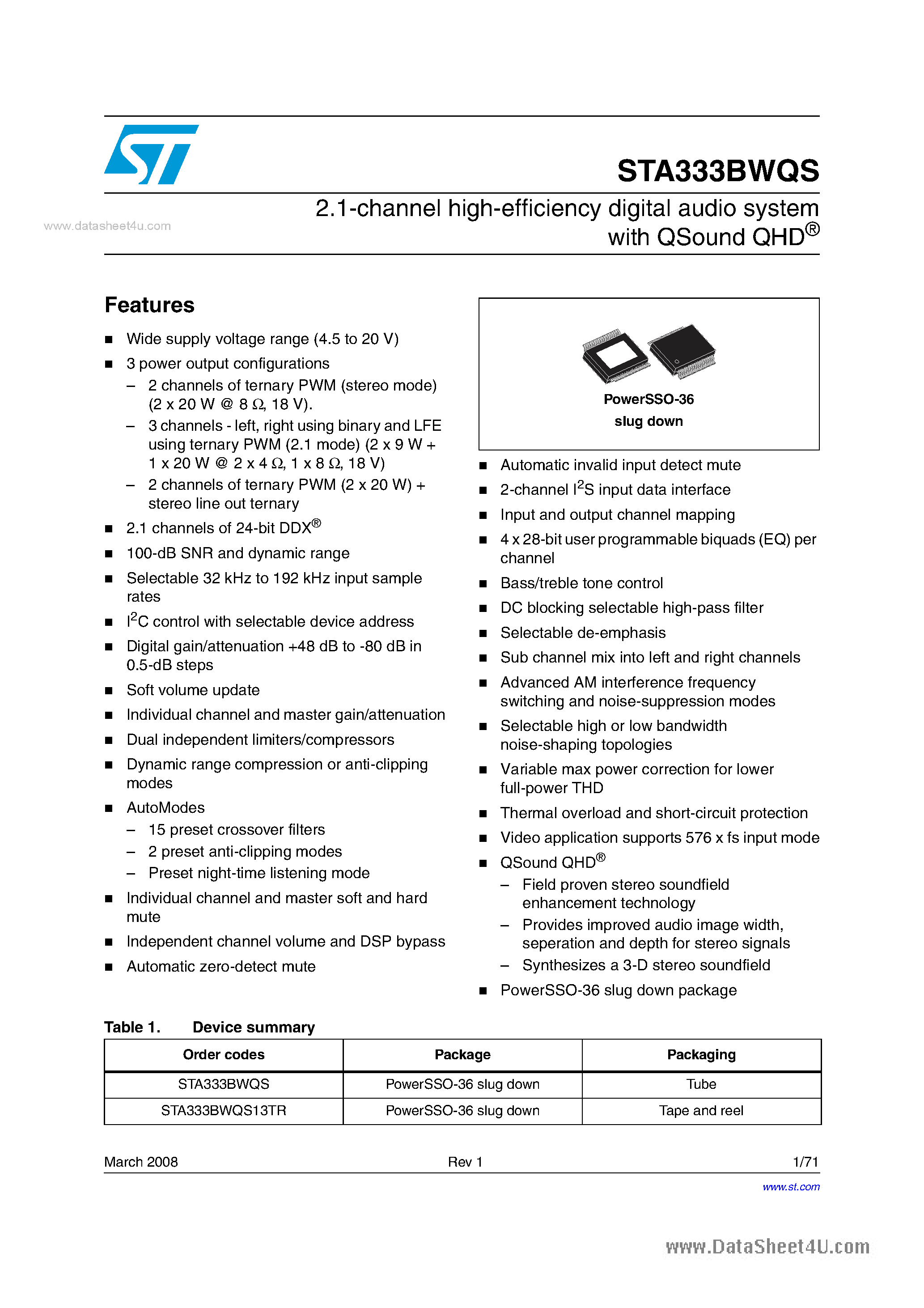 Даташит STA333BWQS - 2.1-channel high-efficiency digital audio system страница 1