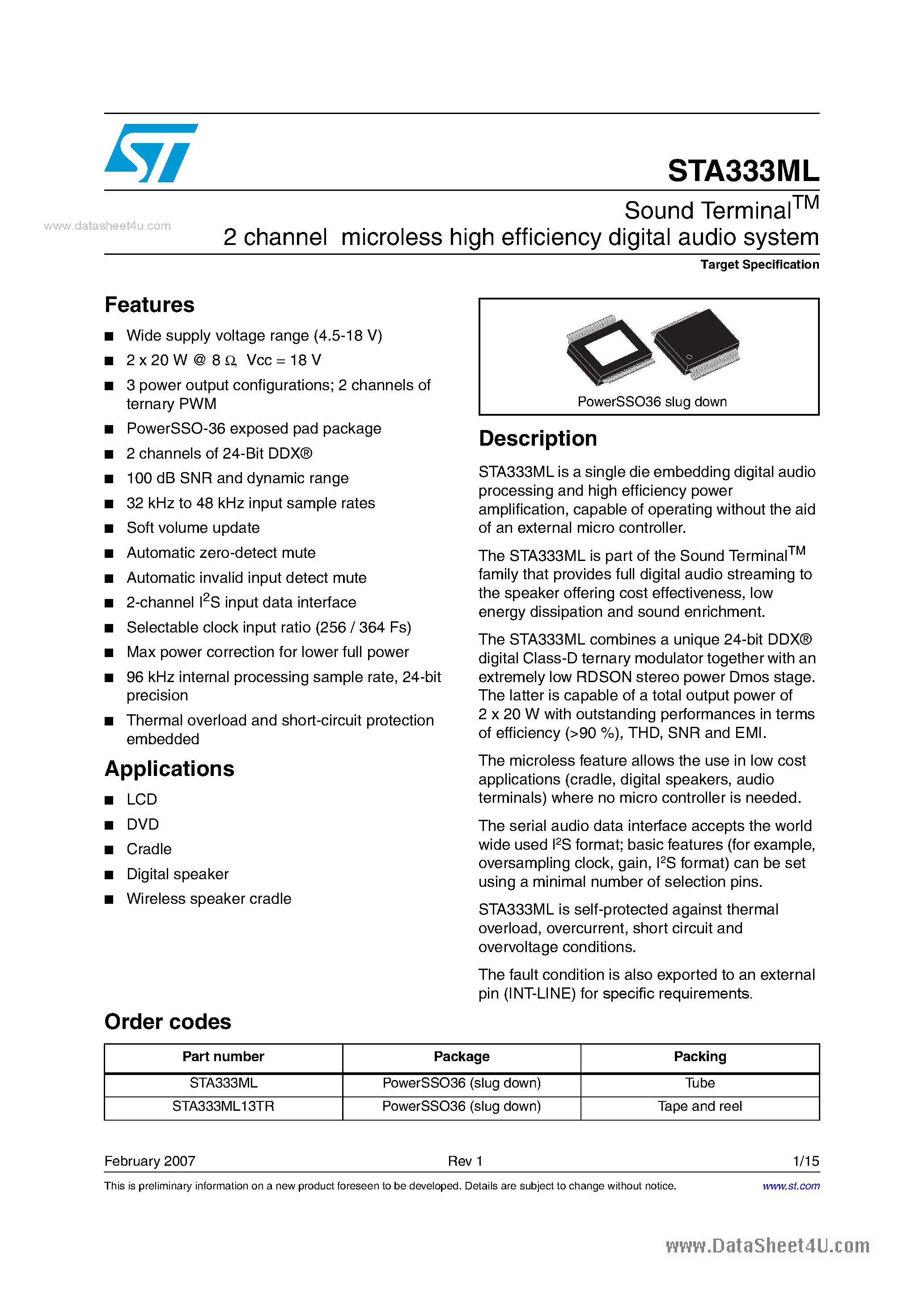 Даташит STA333ML - Sound Terminal TM 2 channel microless high efficiency digital audio system страница 1