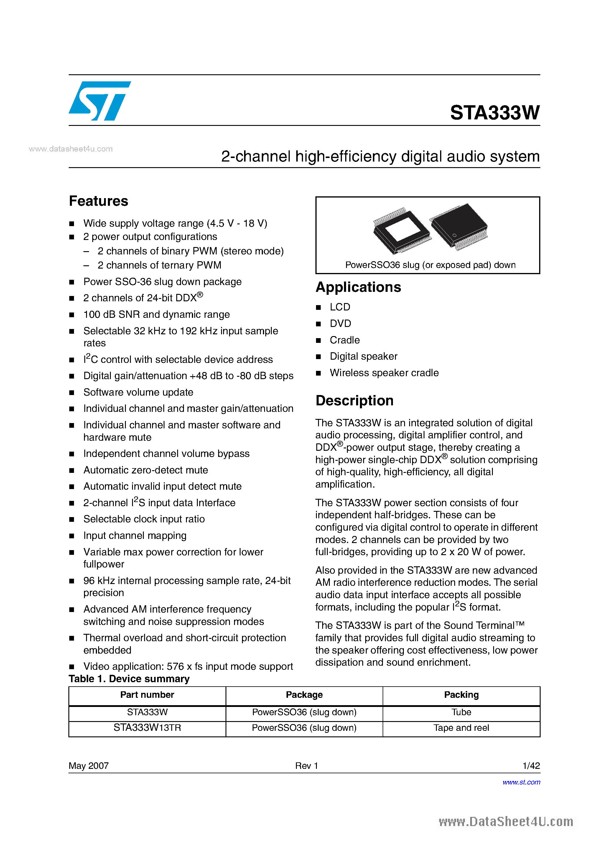 Даташит STA333W - 2-channel high-efficiency digital audio system страница 1