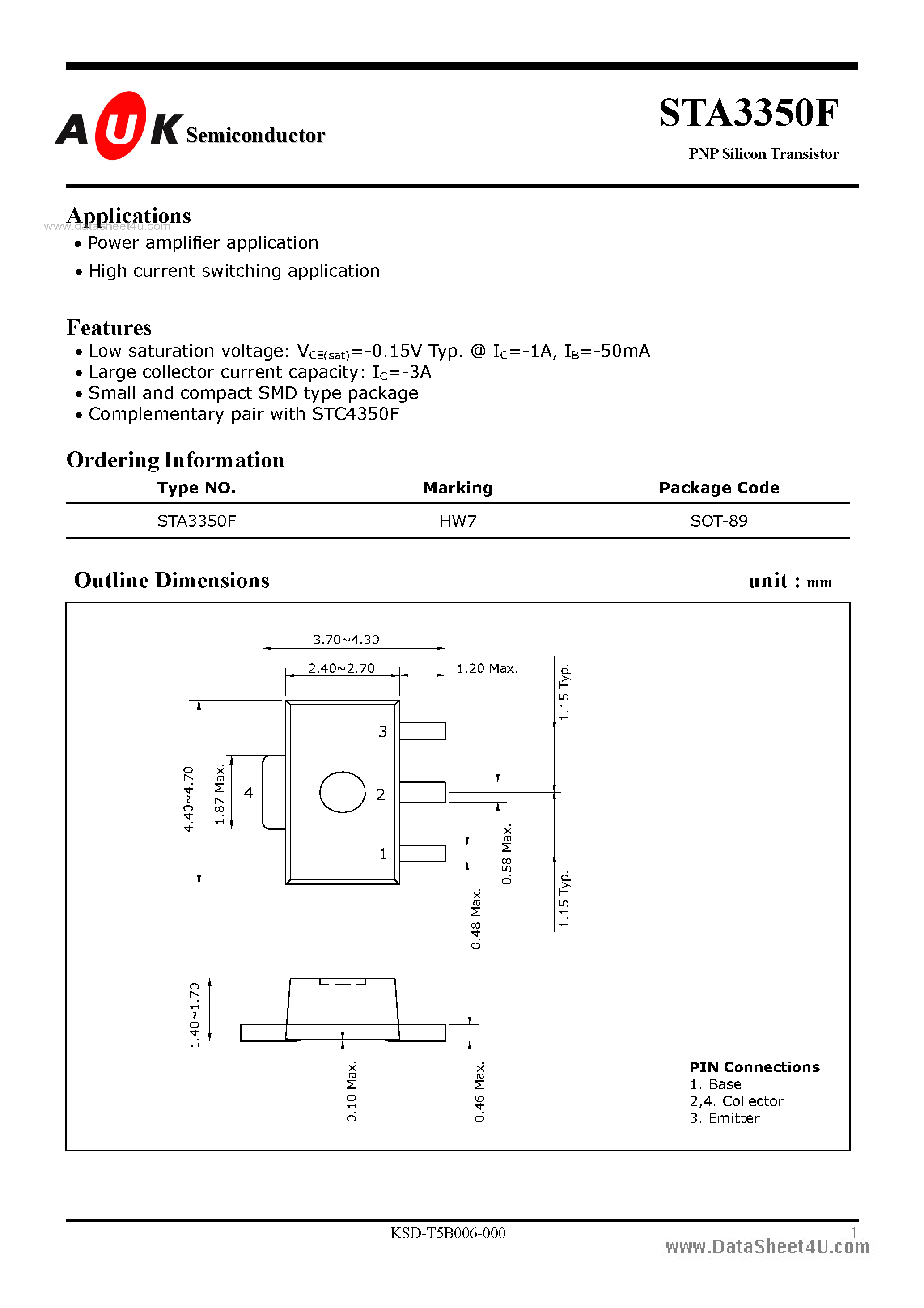 Даташит STA3350F - PNP Silicon Transistor страница 1