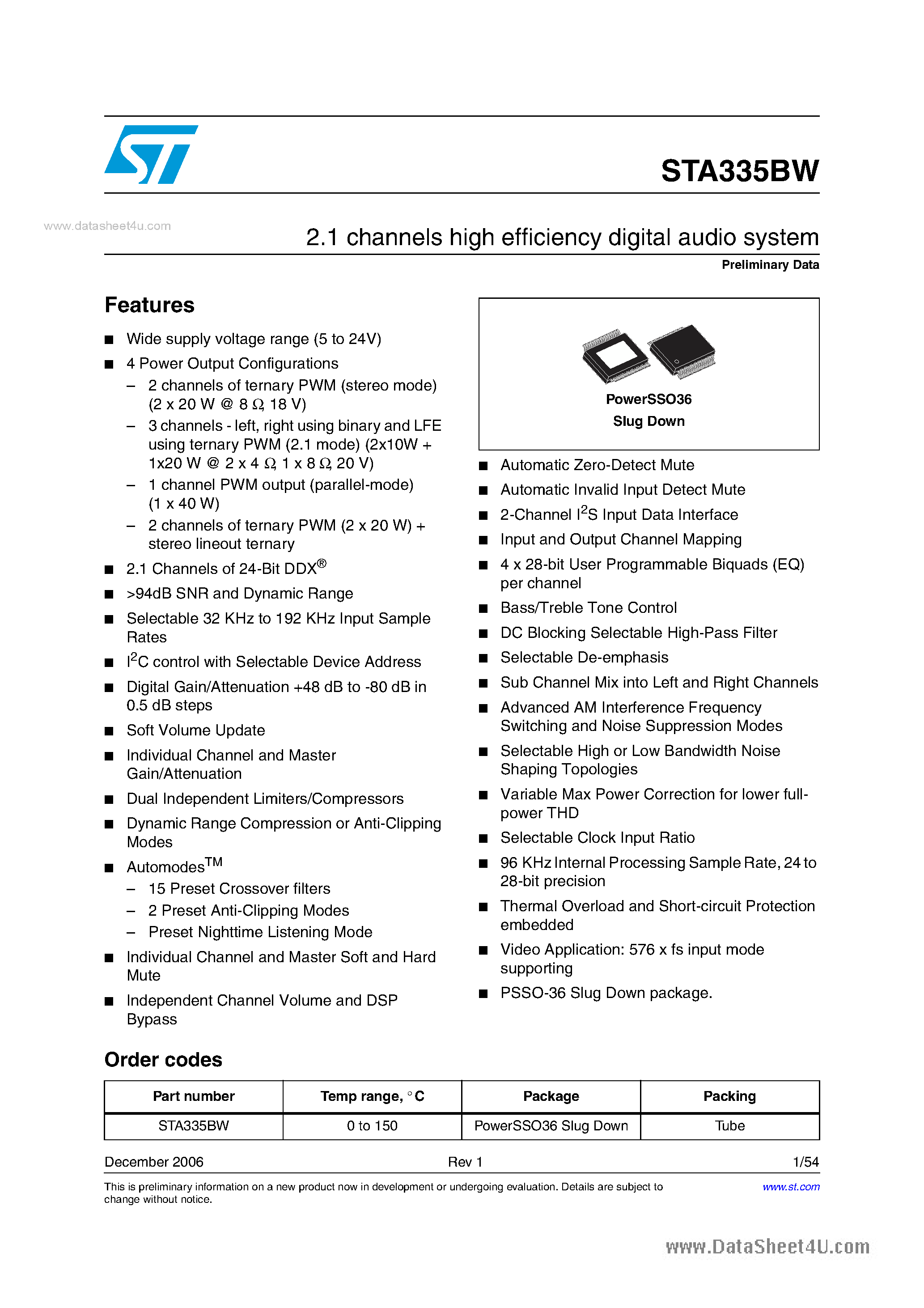 Даташит STA335BW - 2.1 channels high efficiency digital audio system страница 1