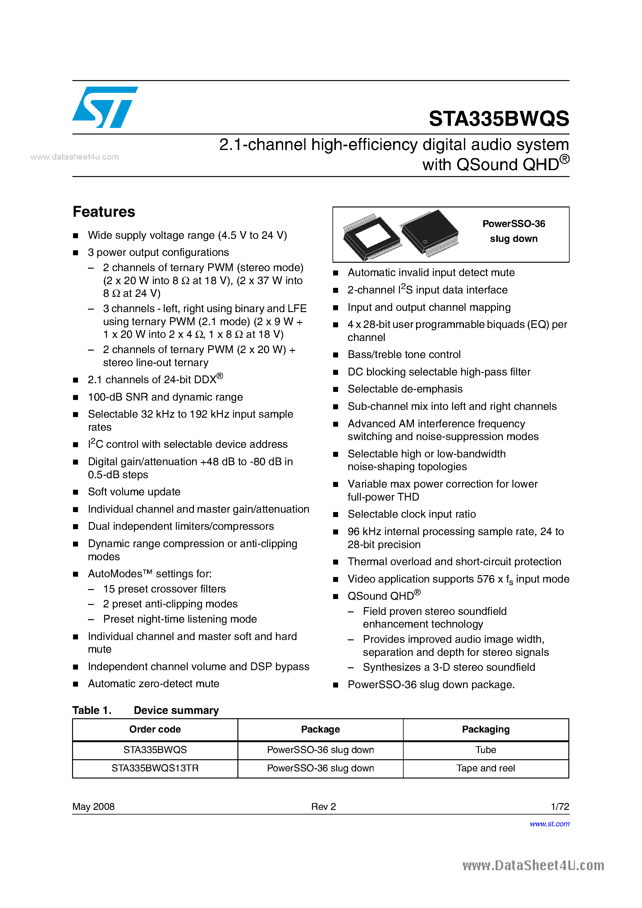 Даташит STA335BWQS - 2.1-channel high-efficiency digital audio system страница 1