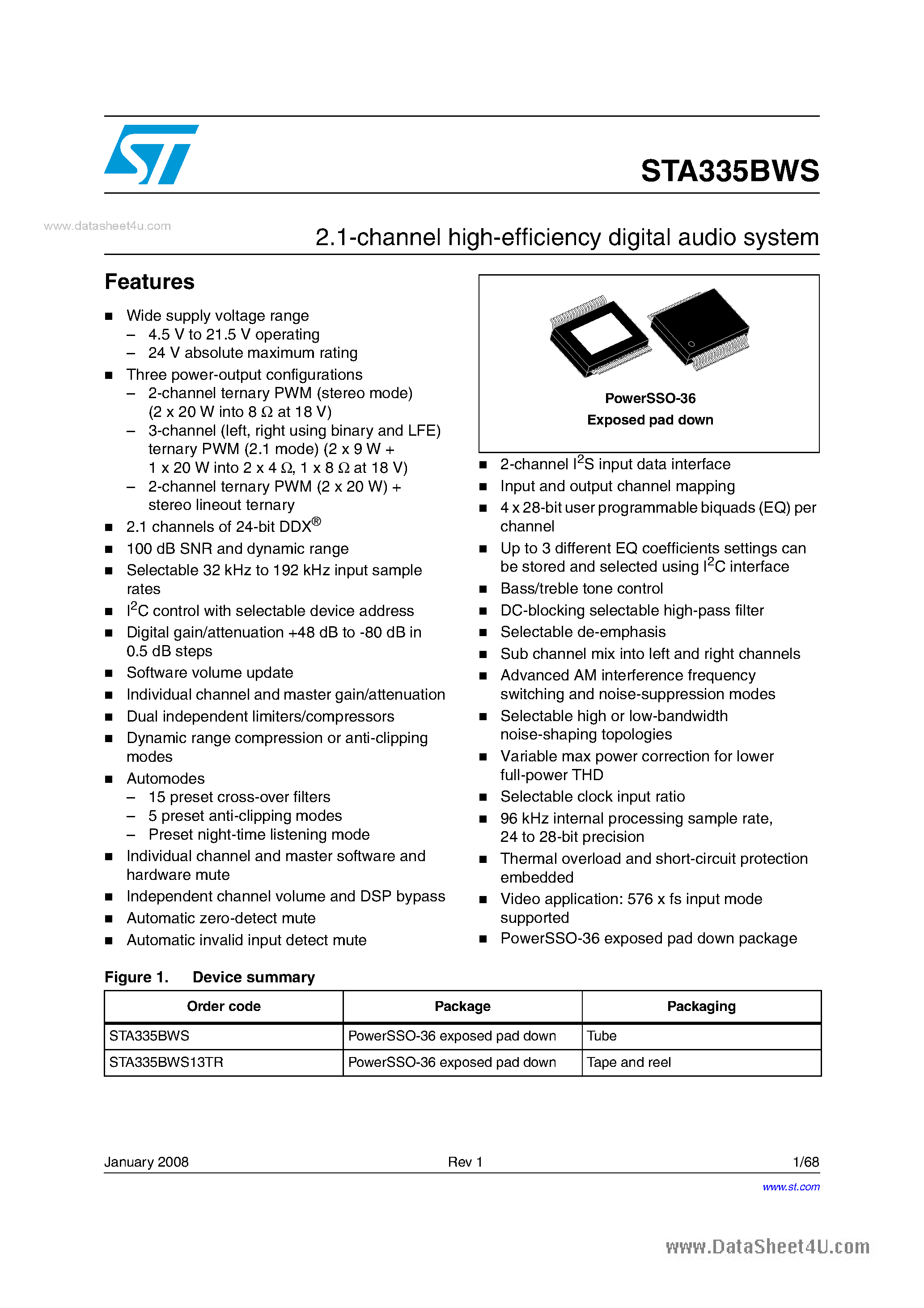 Даташит STA335BWS - 2.1-channel high-efficiency digital audio system страница 1