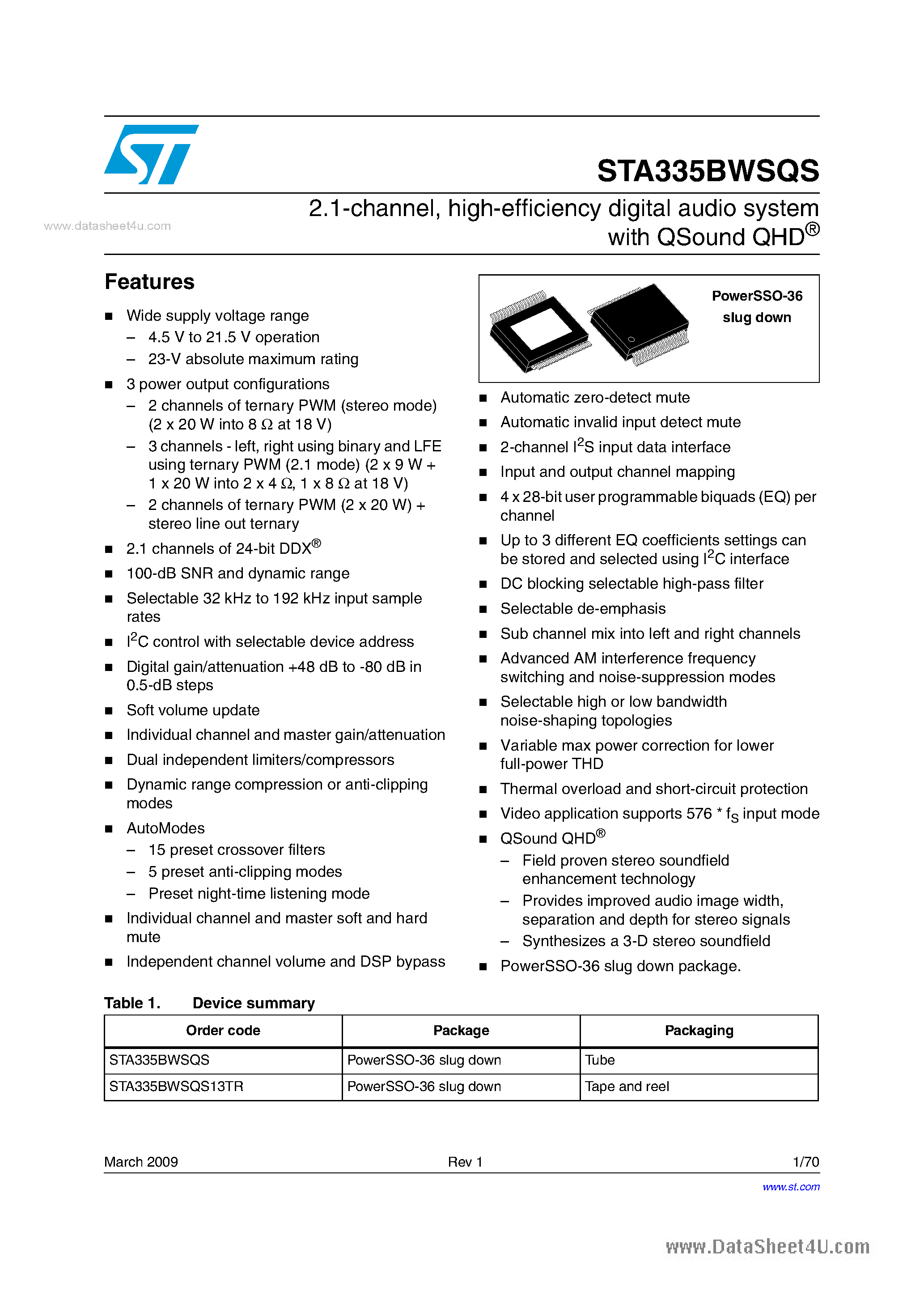 Даташит STA335BWSQS - high-efficiency digital audio system страница 1