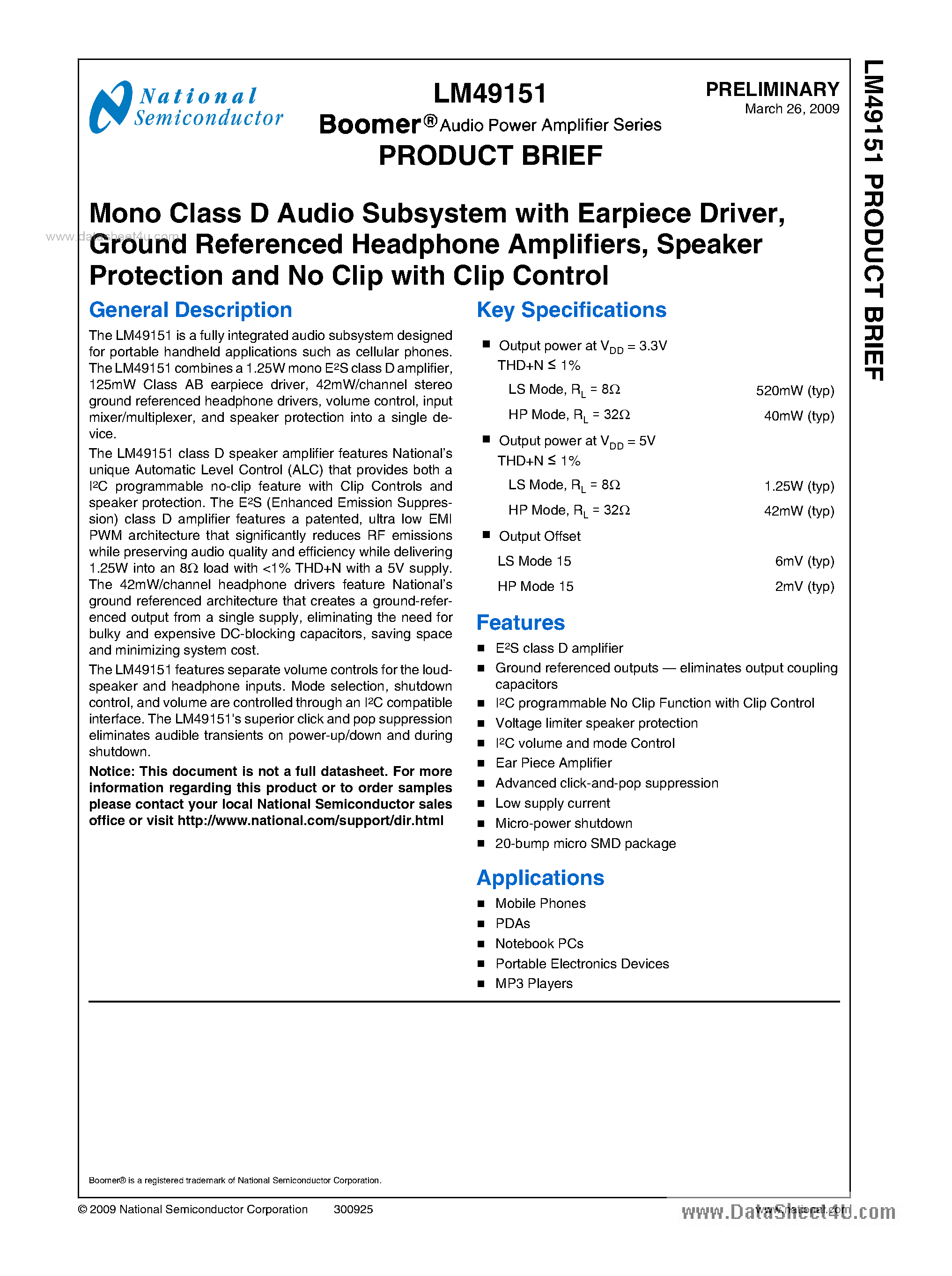 Даташит LM49151 - Mono Class D Audio Subsystem страница 1