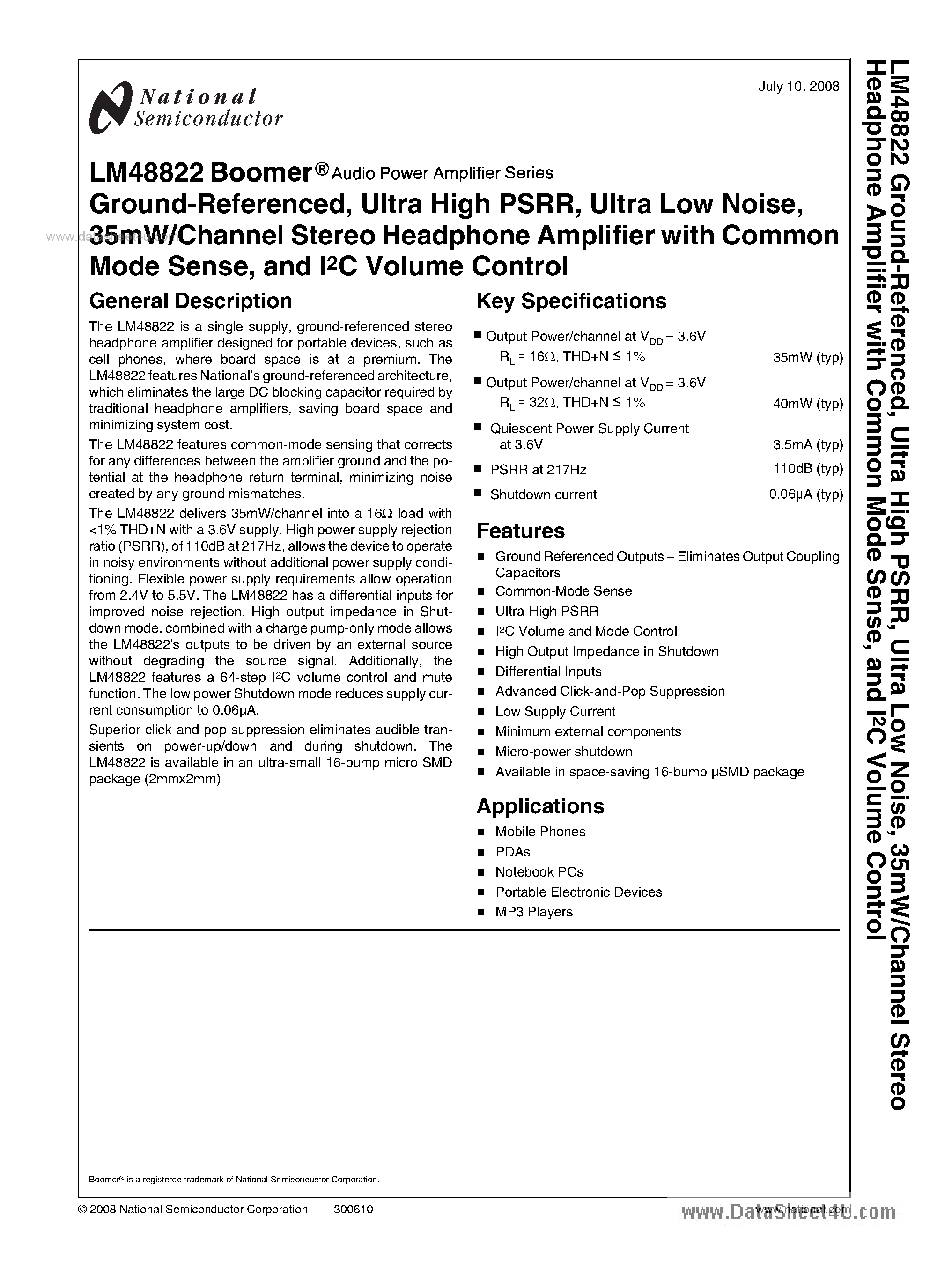 Даташит LM48822 - 35mW/Channel Stereo Headphone AMplifier страница 1