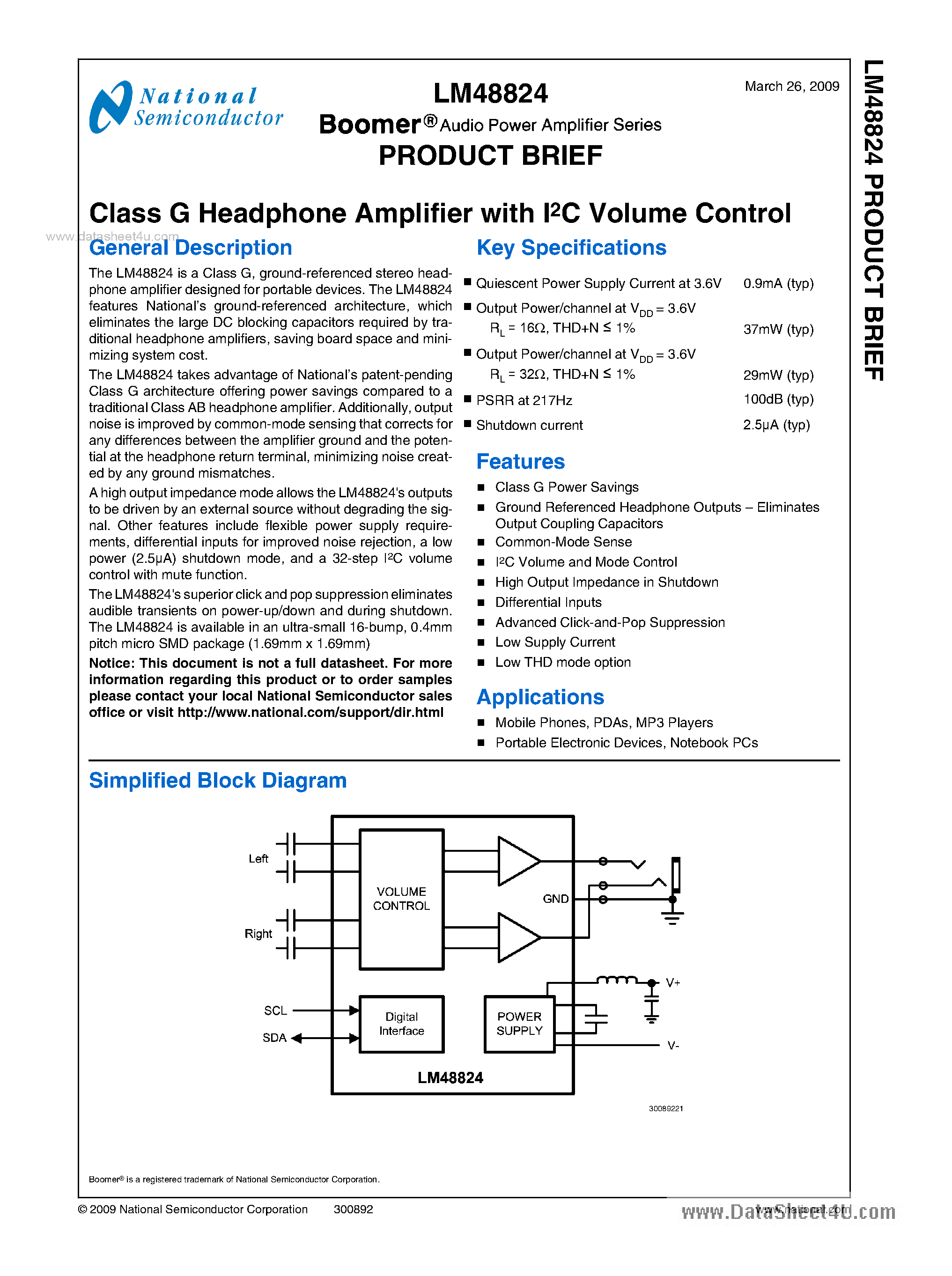 Datasheet LM48824 - Class G Headphone Amplifier page 1