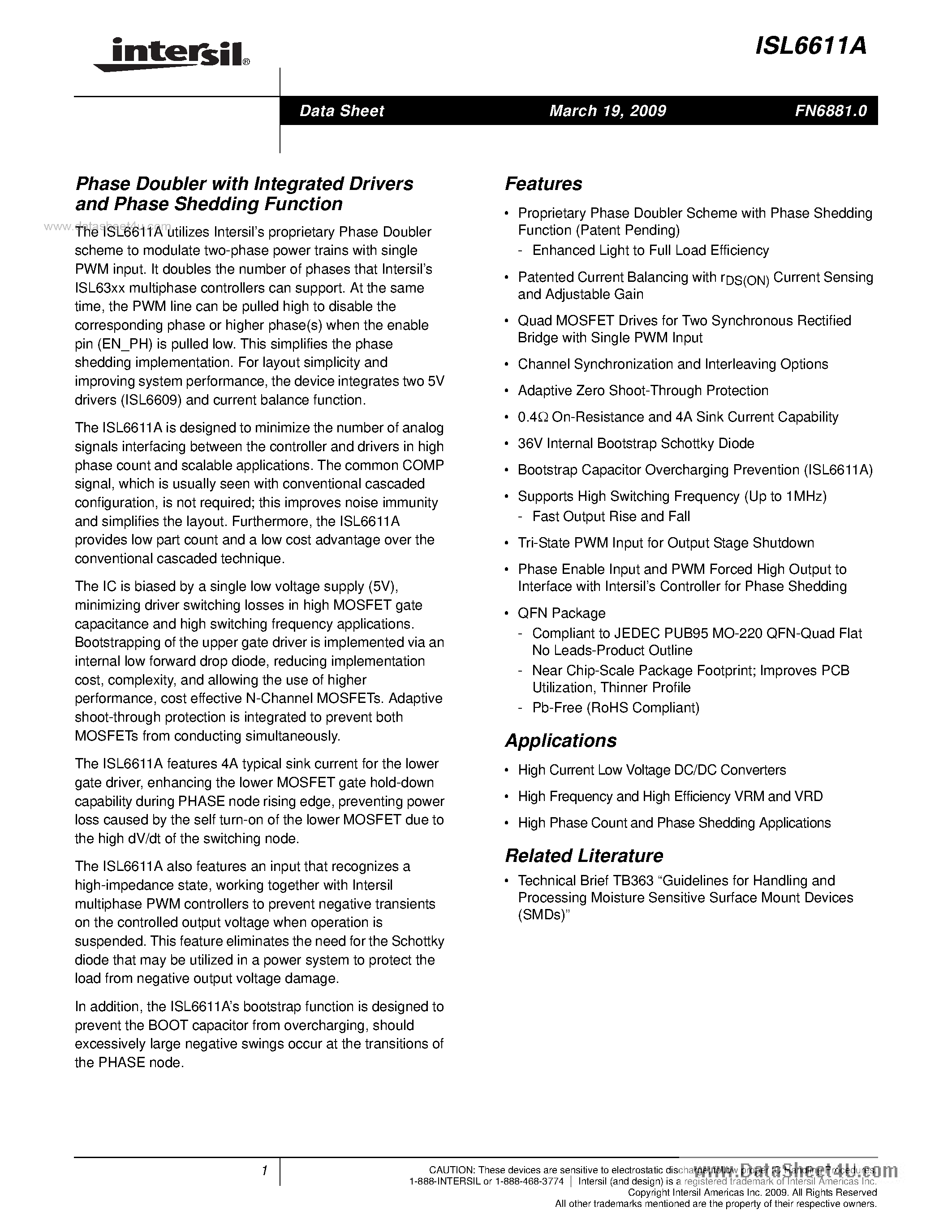 Datasheet ISL6611A - Phase Doubler page 1