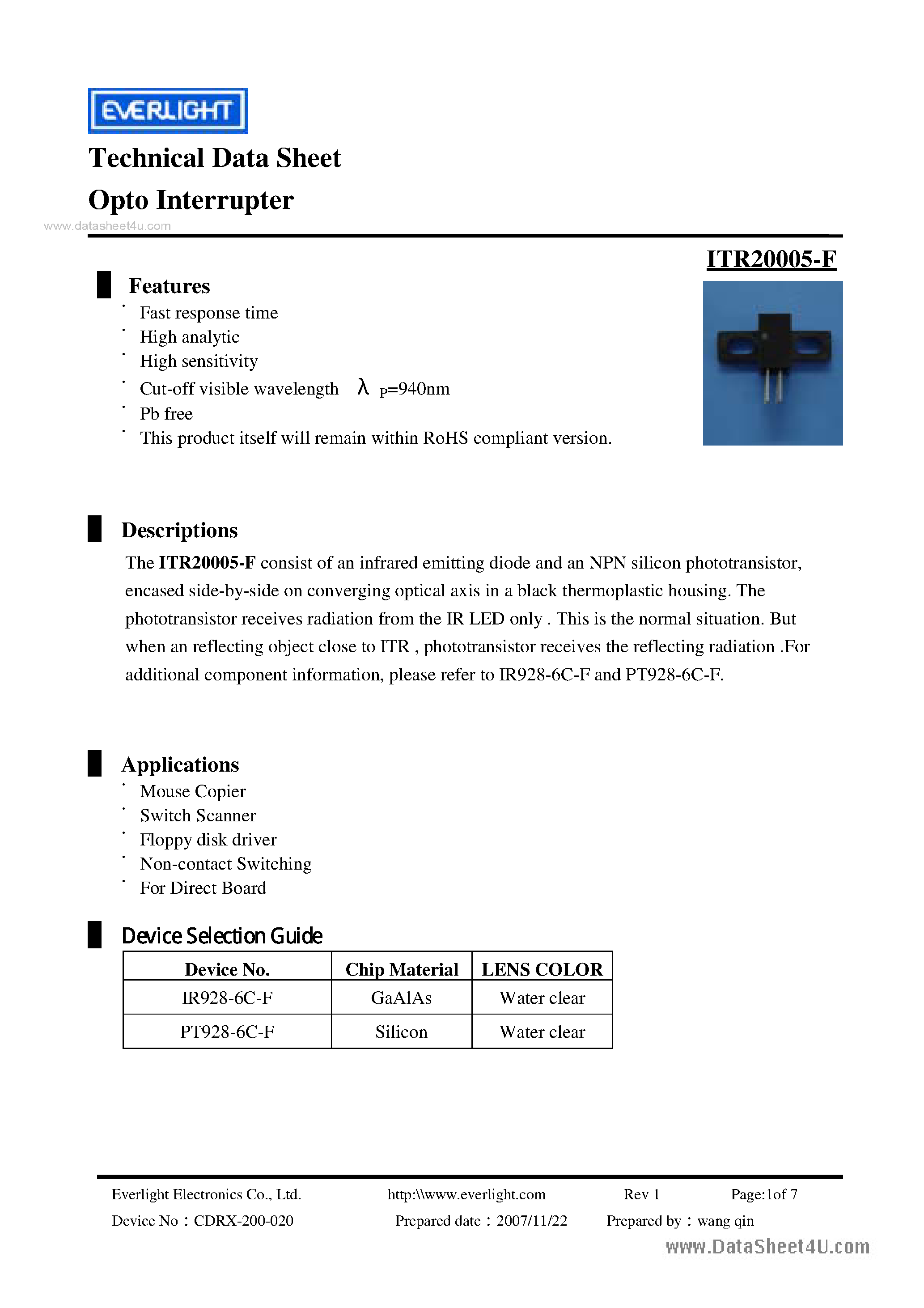 Даташит ITR20005-F - Opto Interrupter страница 1