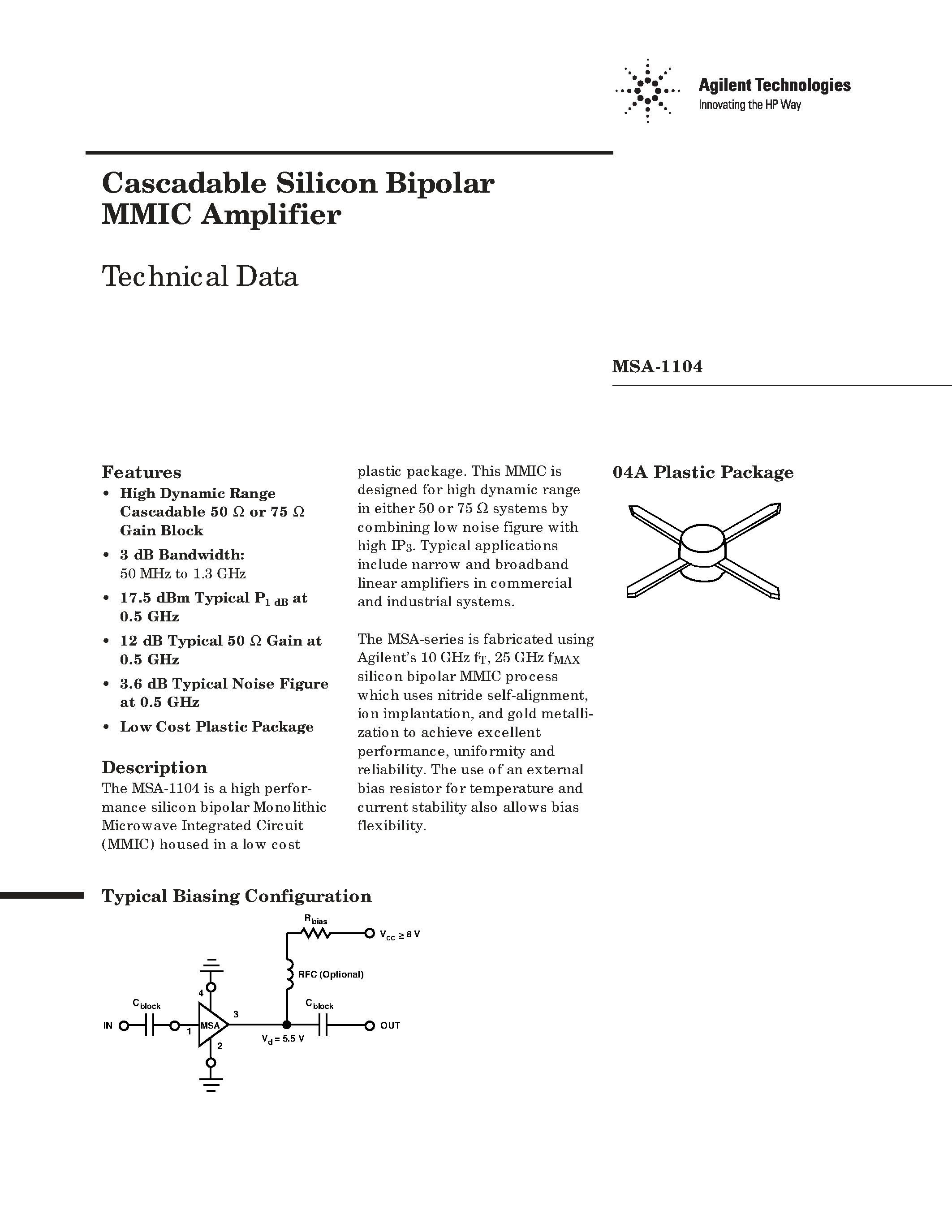 Datasheet MSA-1104 - Cascadable Silicon Bipolar MMIC Amplifier page 1