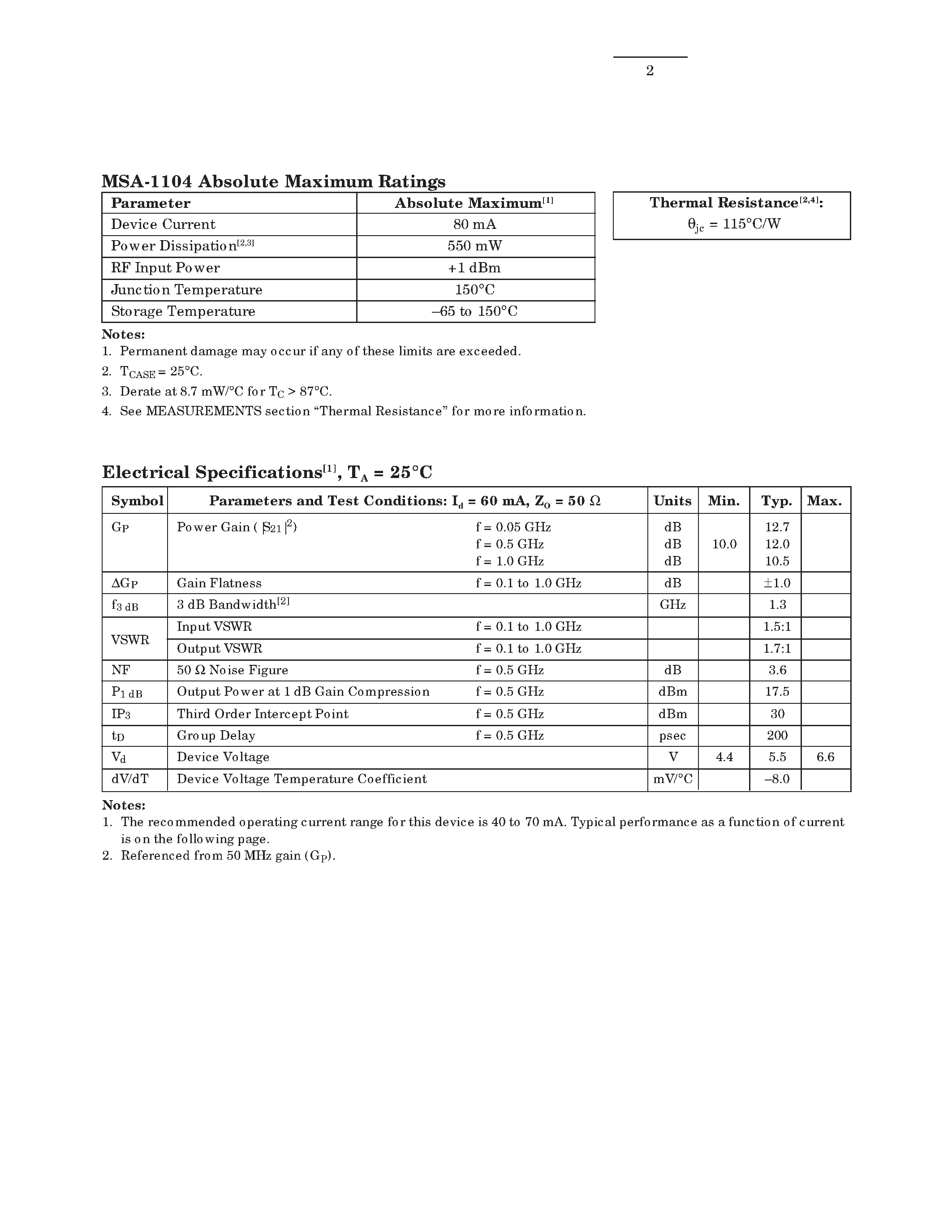 Datasheet MSA-1104 - Cascadable Silicon Bipolar MMIC Amplifier page 2