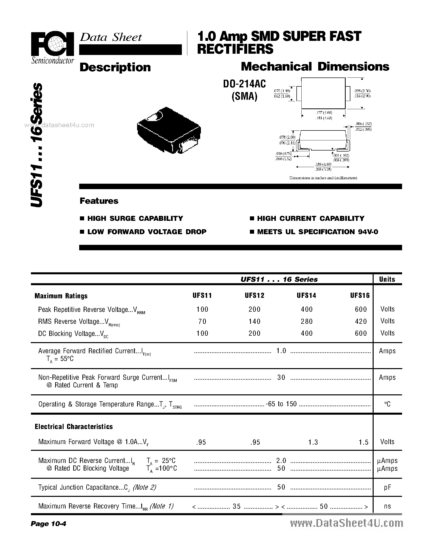 Datasheet UFS11 - (UFS11 - UFS16) 1.0 Amp SMD SUPER FAST RECTIFIERS page 1