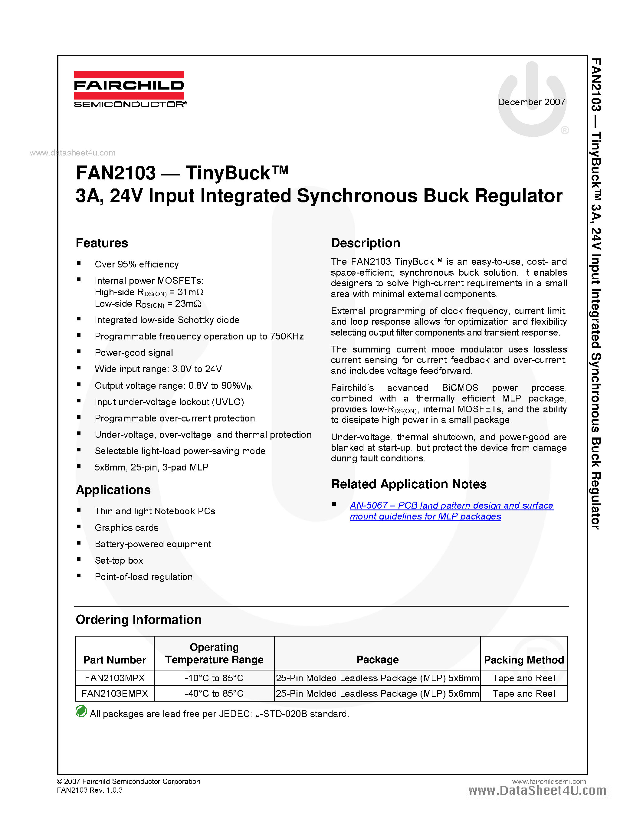 Даташит FAN2103 - 24V Input Integrated Synchronous Buck Regulator страница 1