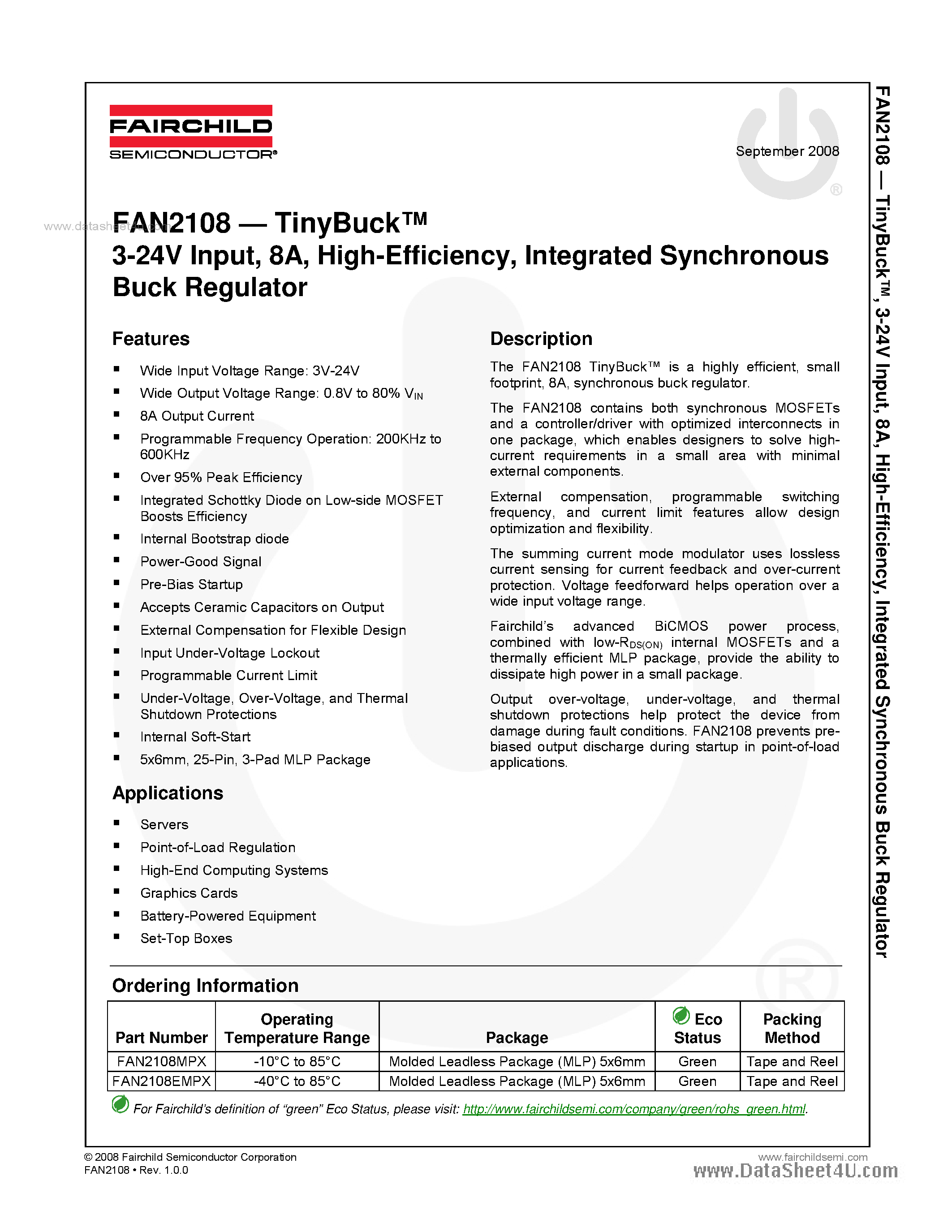 Даташит FAN2108 - Integrated Synchronous Buck Regulator страница 1