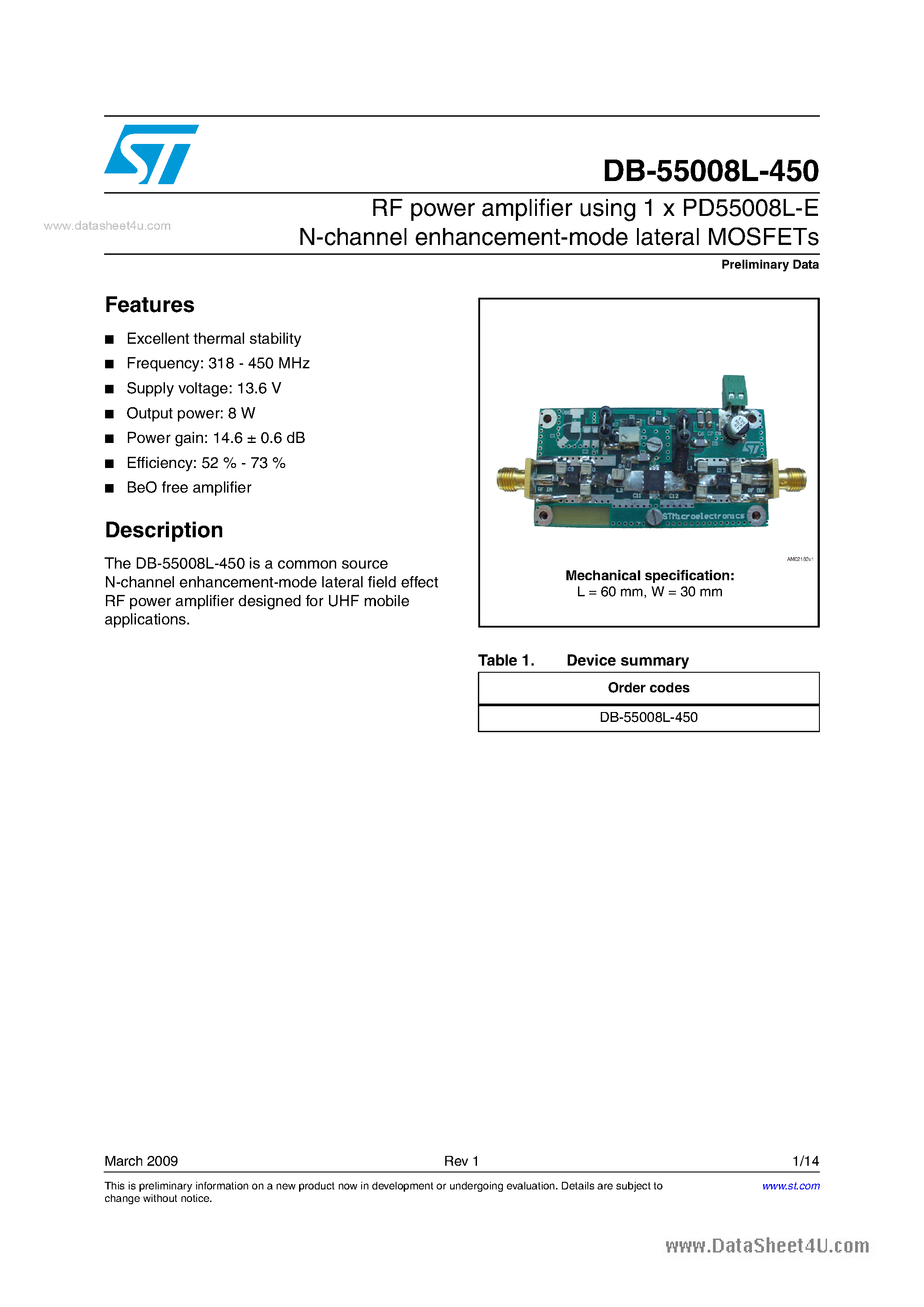 Datasheet DB-55008L-450 - RF power amplifier using 1 x PD55008L-E N-channel enhancement-mode lateral MOSFETs page 1