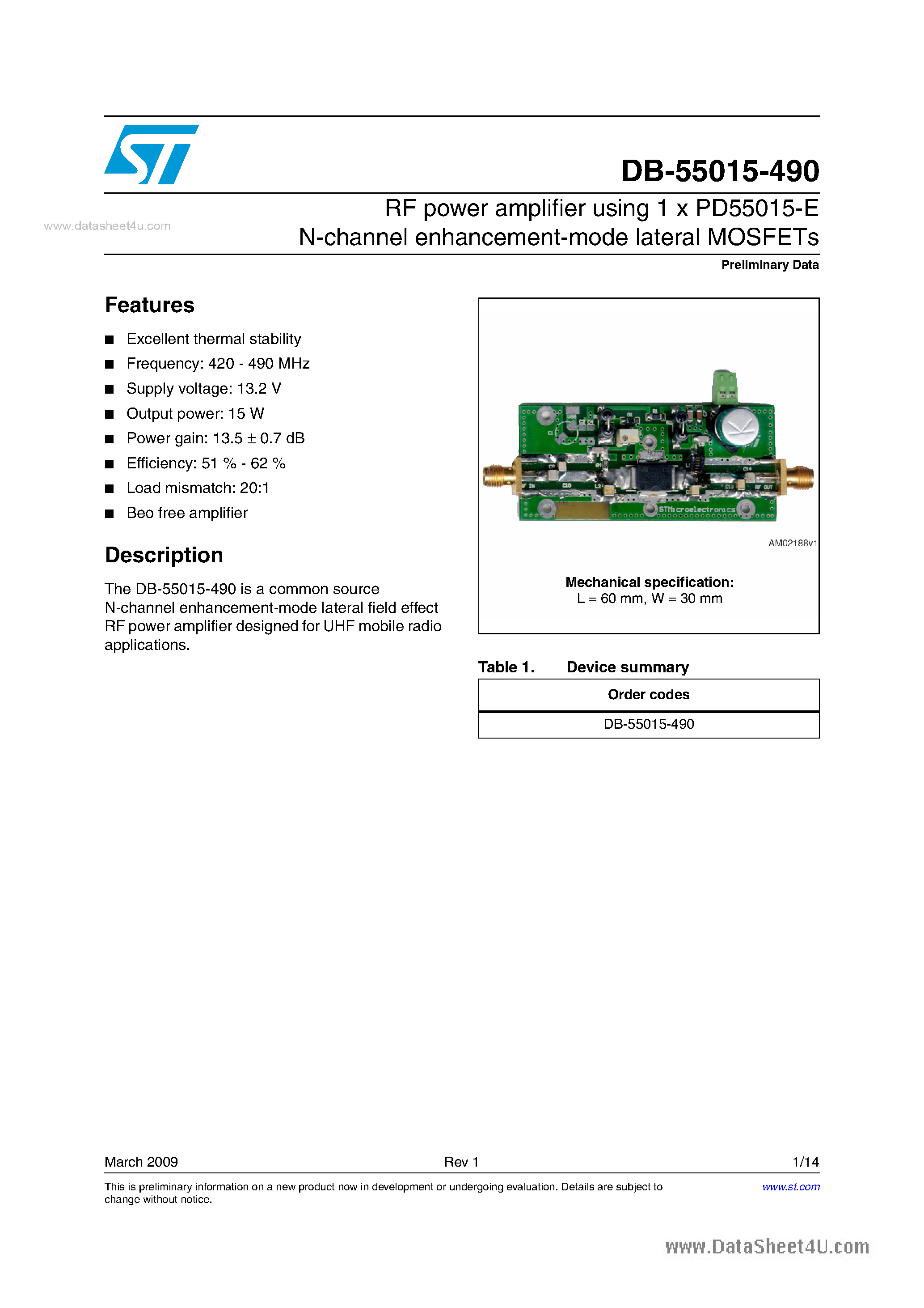 Datasheet DB-55015-490 - RF power amplifier using 1 x PD55015-E N-channel enhancement-mode lateral MOSFETs page 1