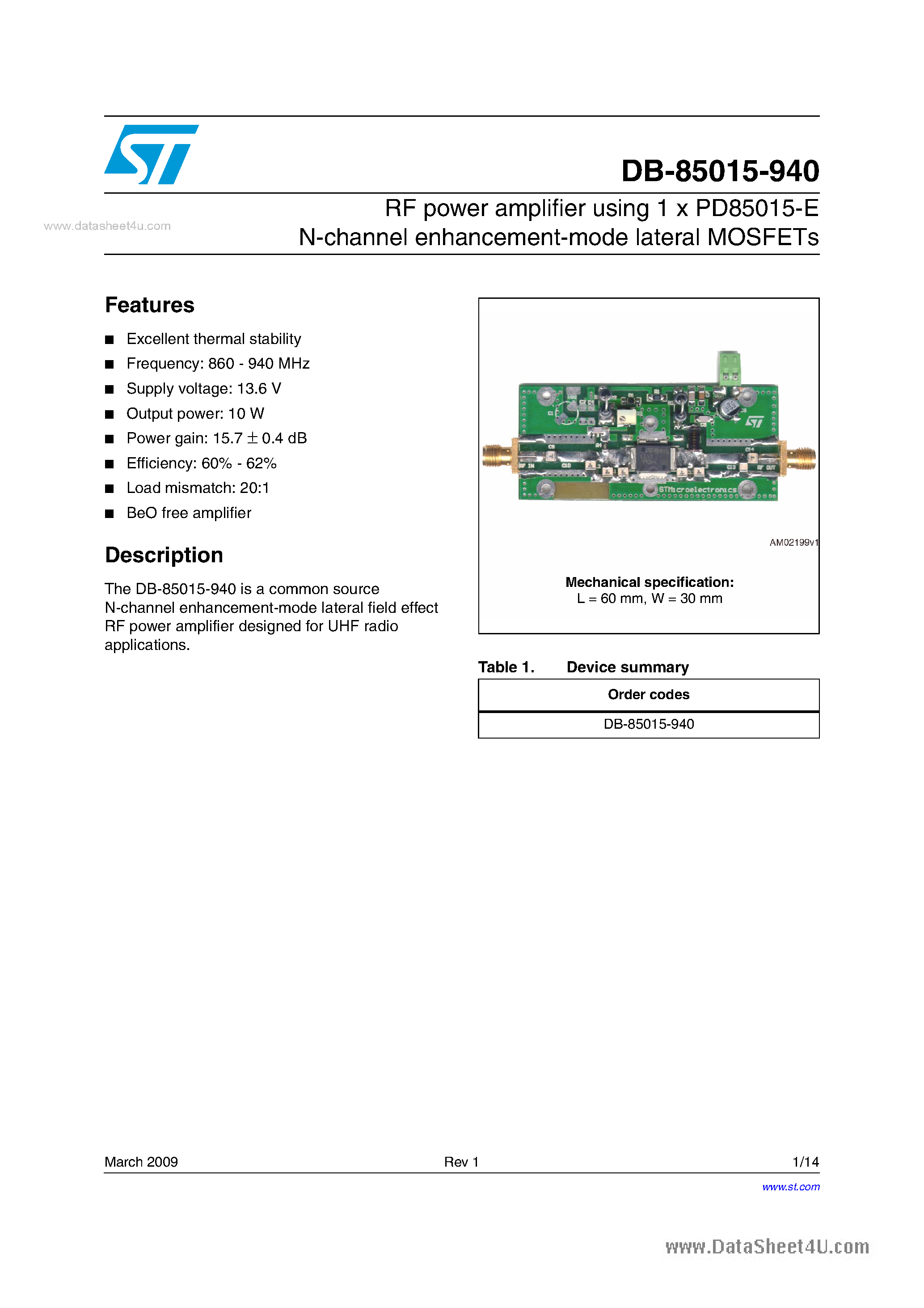 Datasheet DB-85015-940 - RF power amplifier using 1 x PD85015-E N-channel enhancement-mode lateral MOSFETs page 1