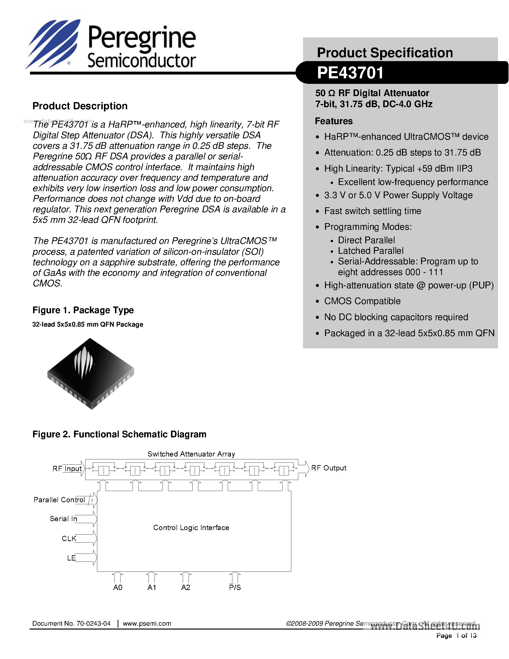 Datasheet PE43701 - RF Digital Attenuator 7-bit page 1