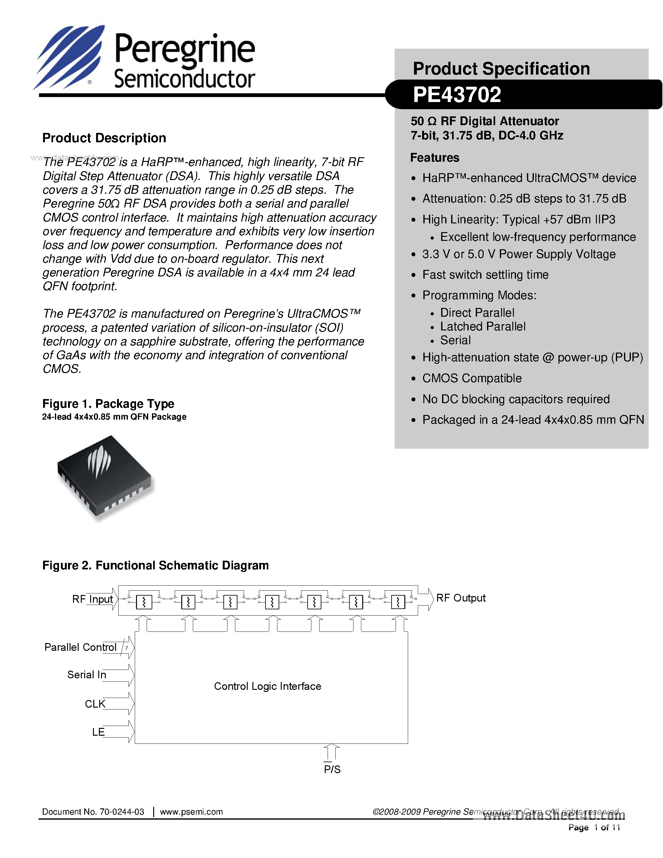 Datasheet PE43702 - RF Digital Attenuator 7-bit page 1