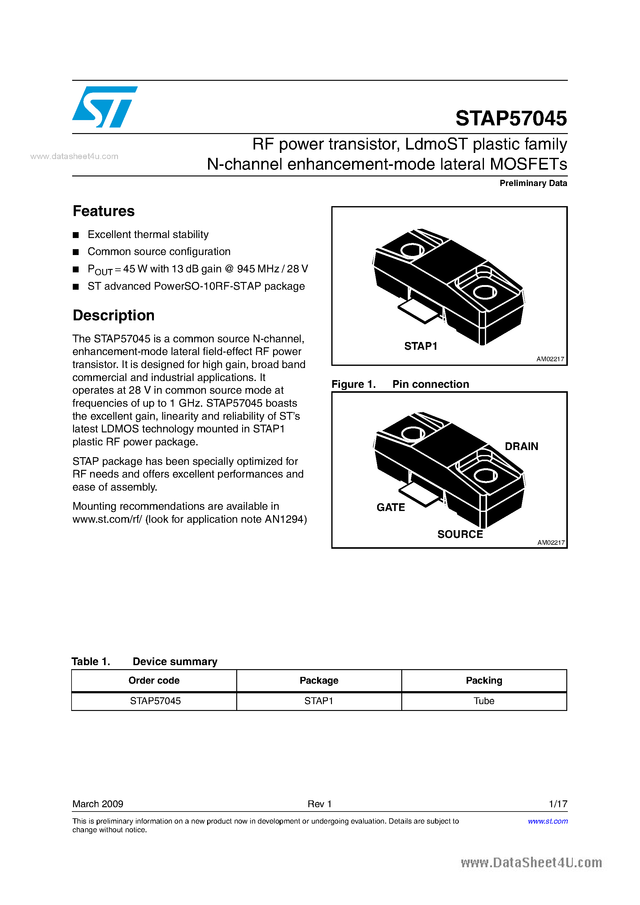 Даташит STAP57045 - RF power transistor страница 1