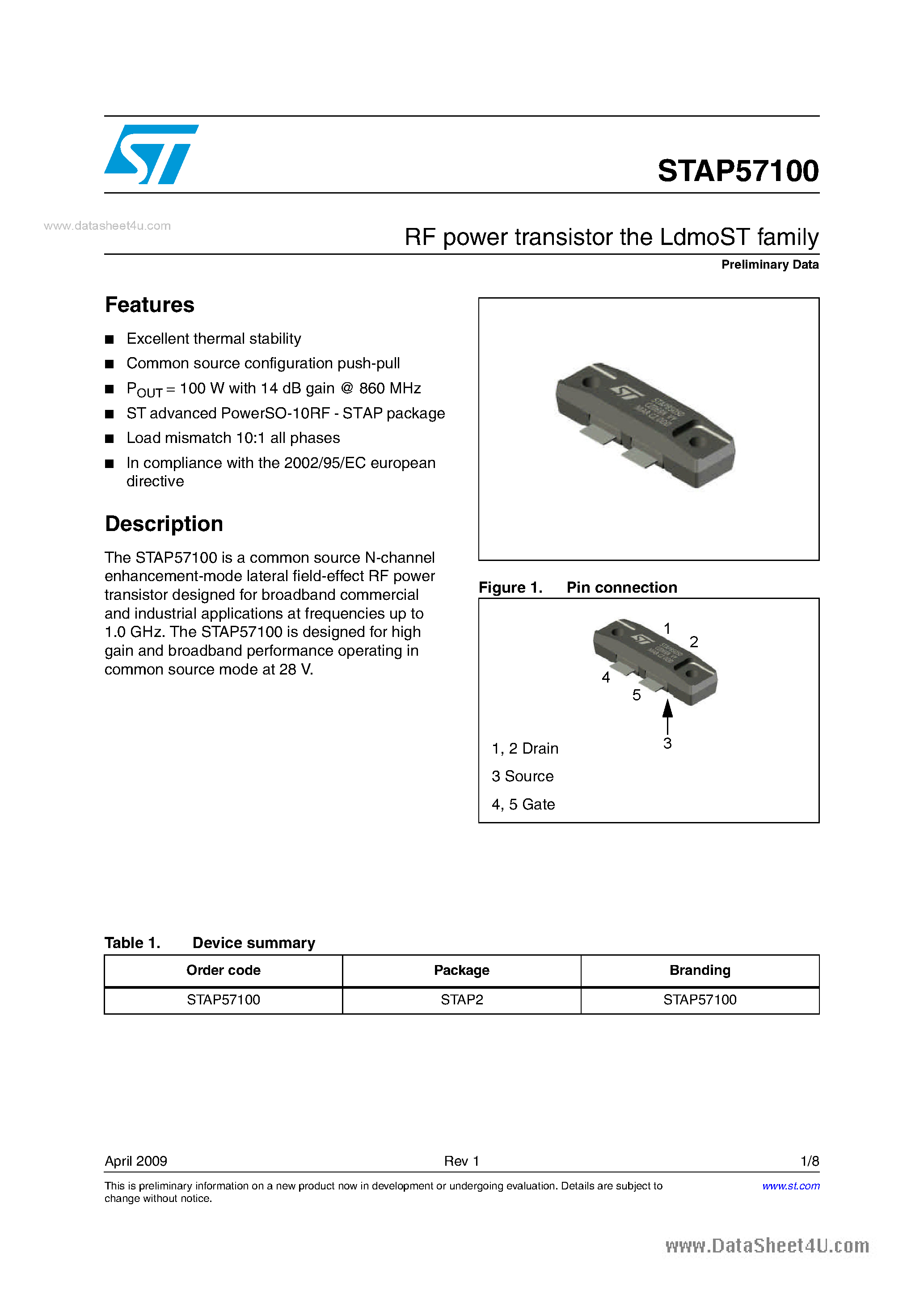 Даташит STAP57100 - RF power transistor страница 1