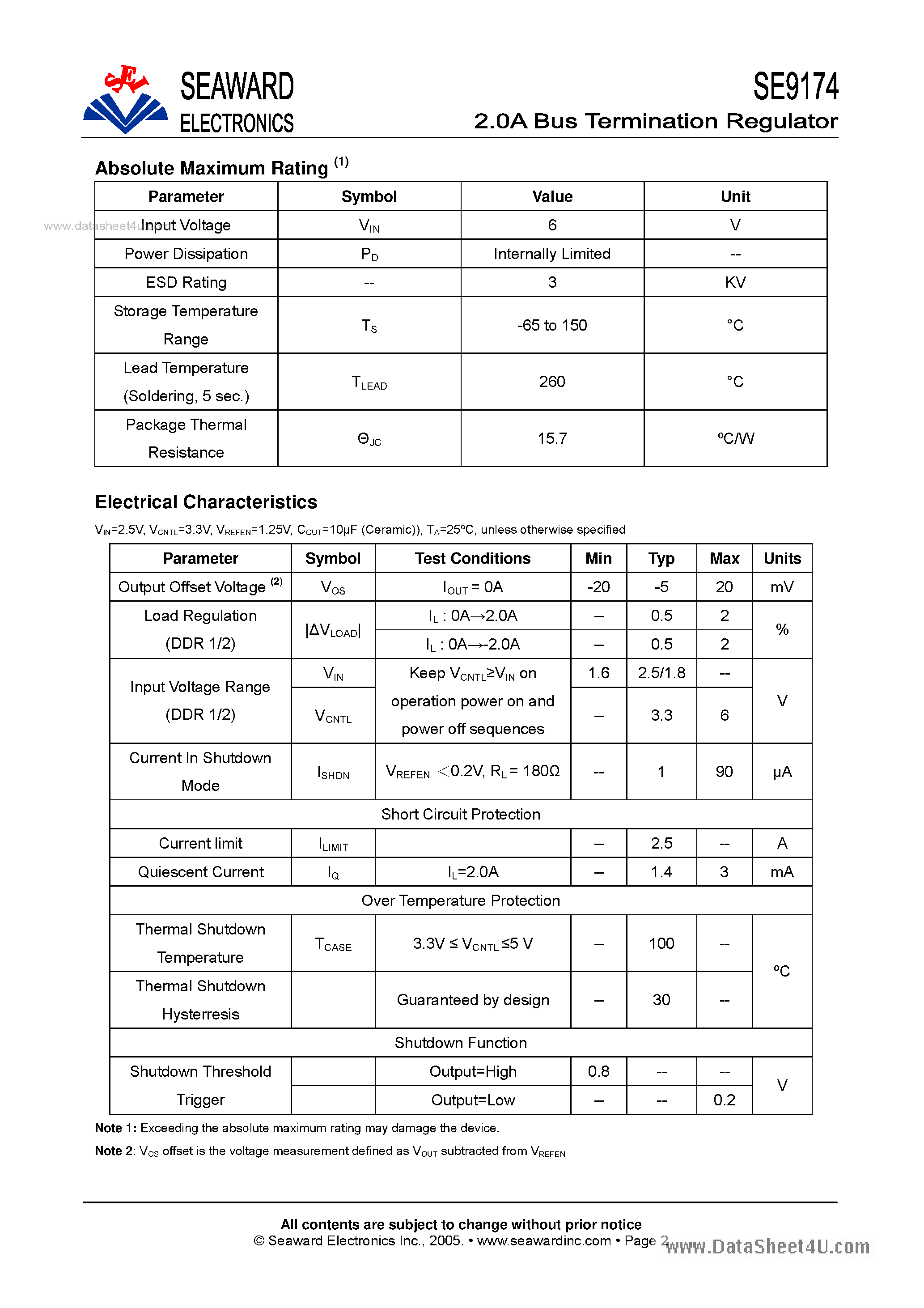 Даташит SE9174 - 2.0A Bus Termmination Regulator страница 2
