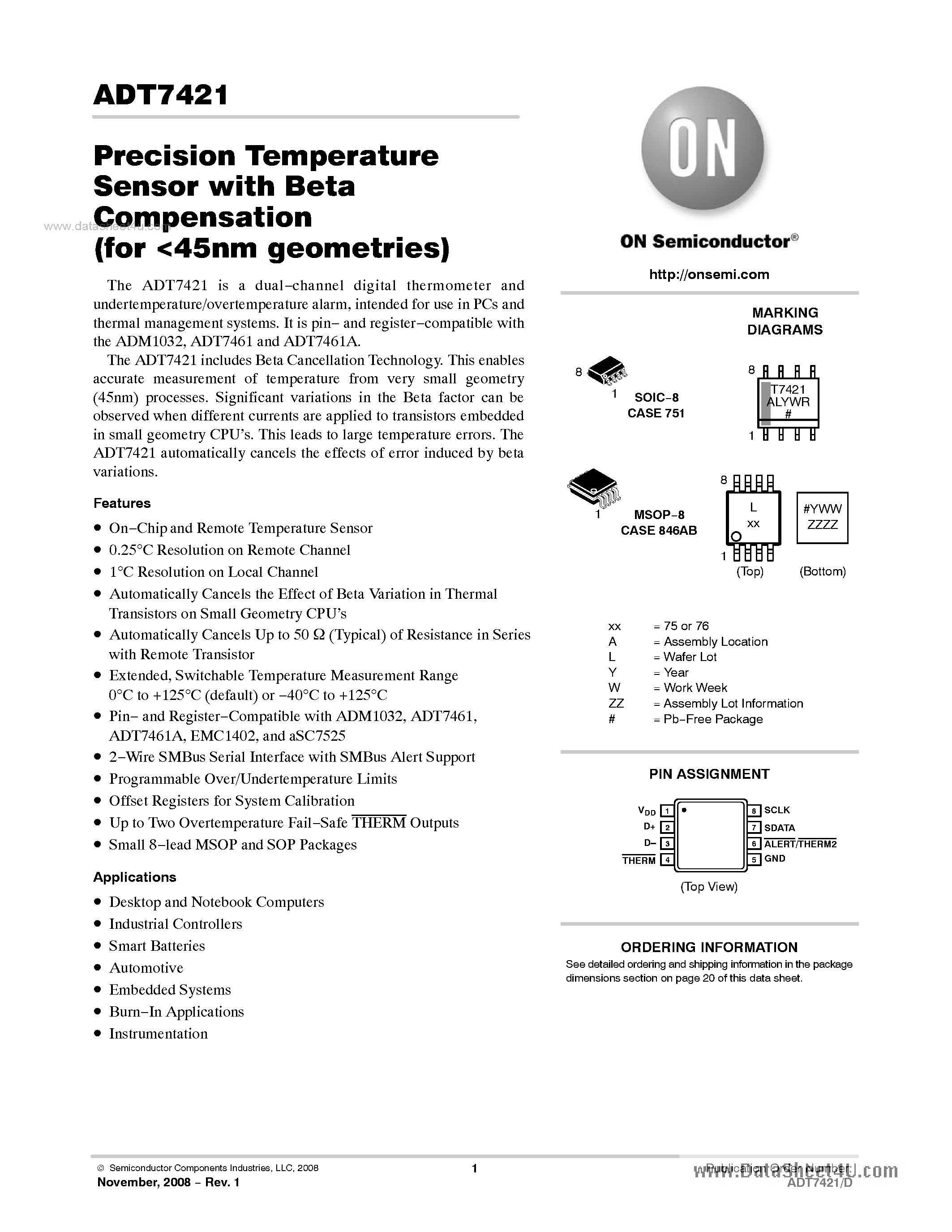 Даташит ADT7421 - Temperature Sensor W/ Beta Correction страница 1