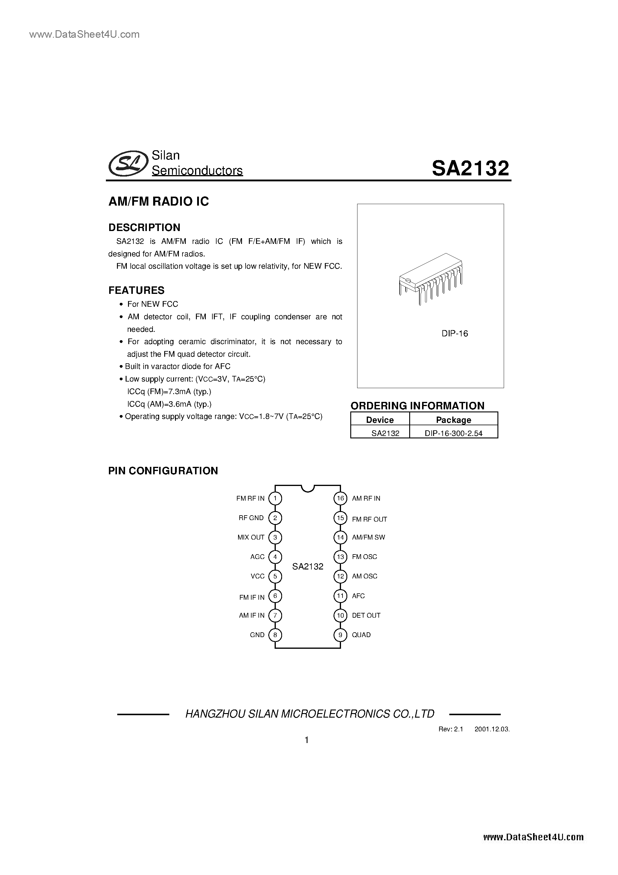 Datasheet SA2132 - AM/FM Radio IC page 1