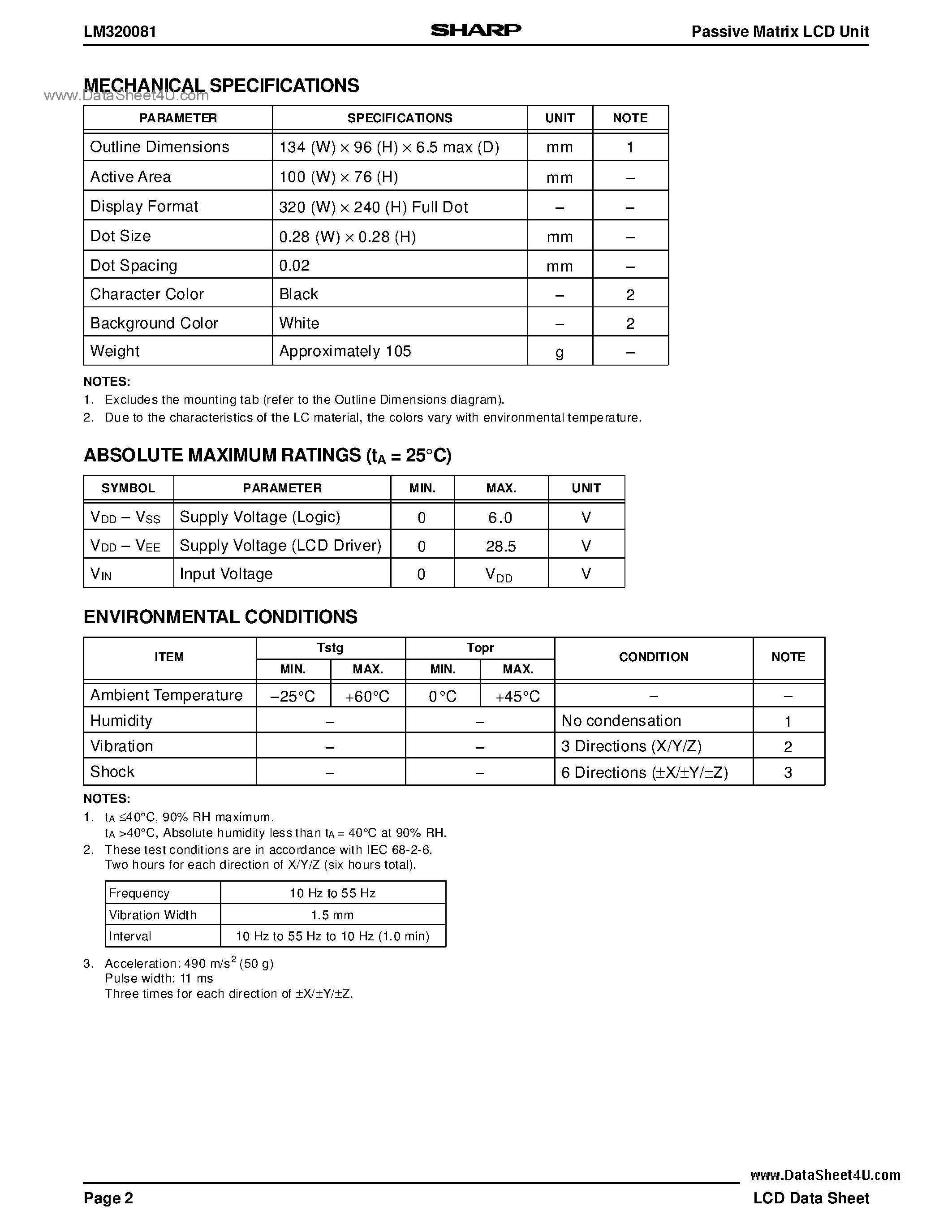 Datasheet LM320081 - Passive Matric LCD Unit page 2