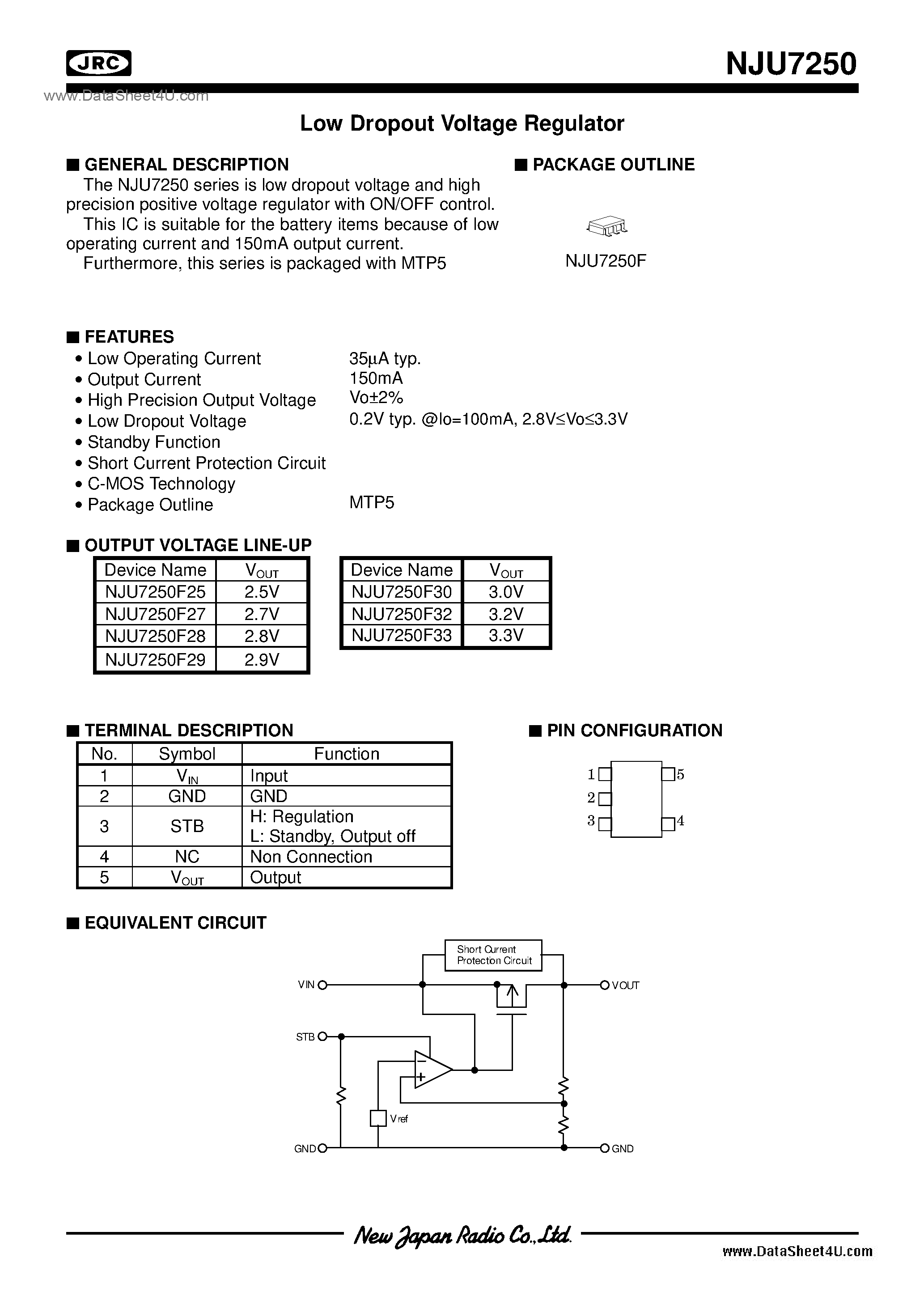 Даташит NJU7250 - 2.5 ~ 3.3 / SOT-23(MTP5) страница 1