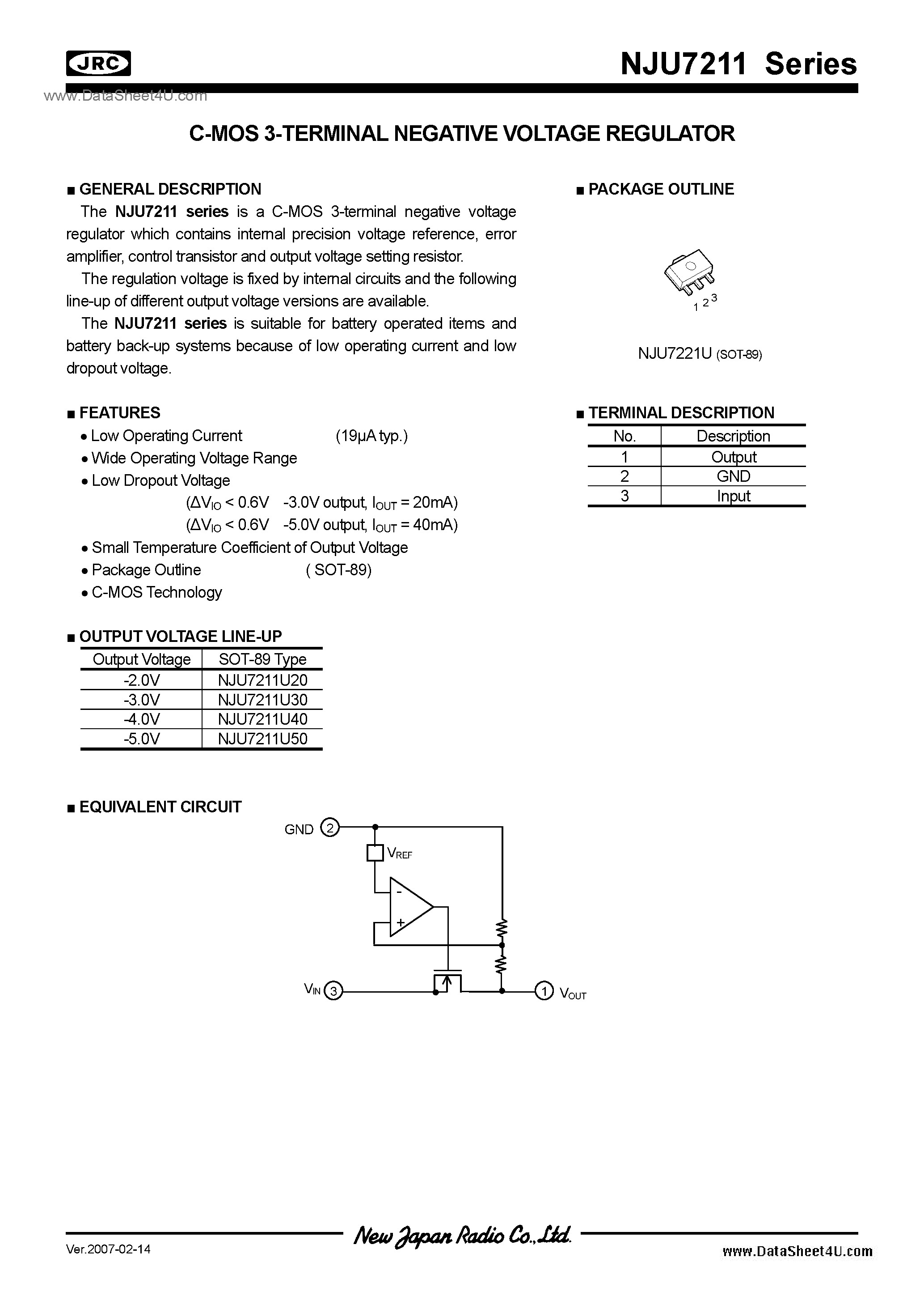 Даташит NJU7211 - -2.0 ~ -5.0 / SOT89 страница 1