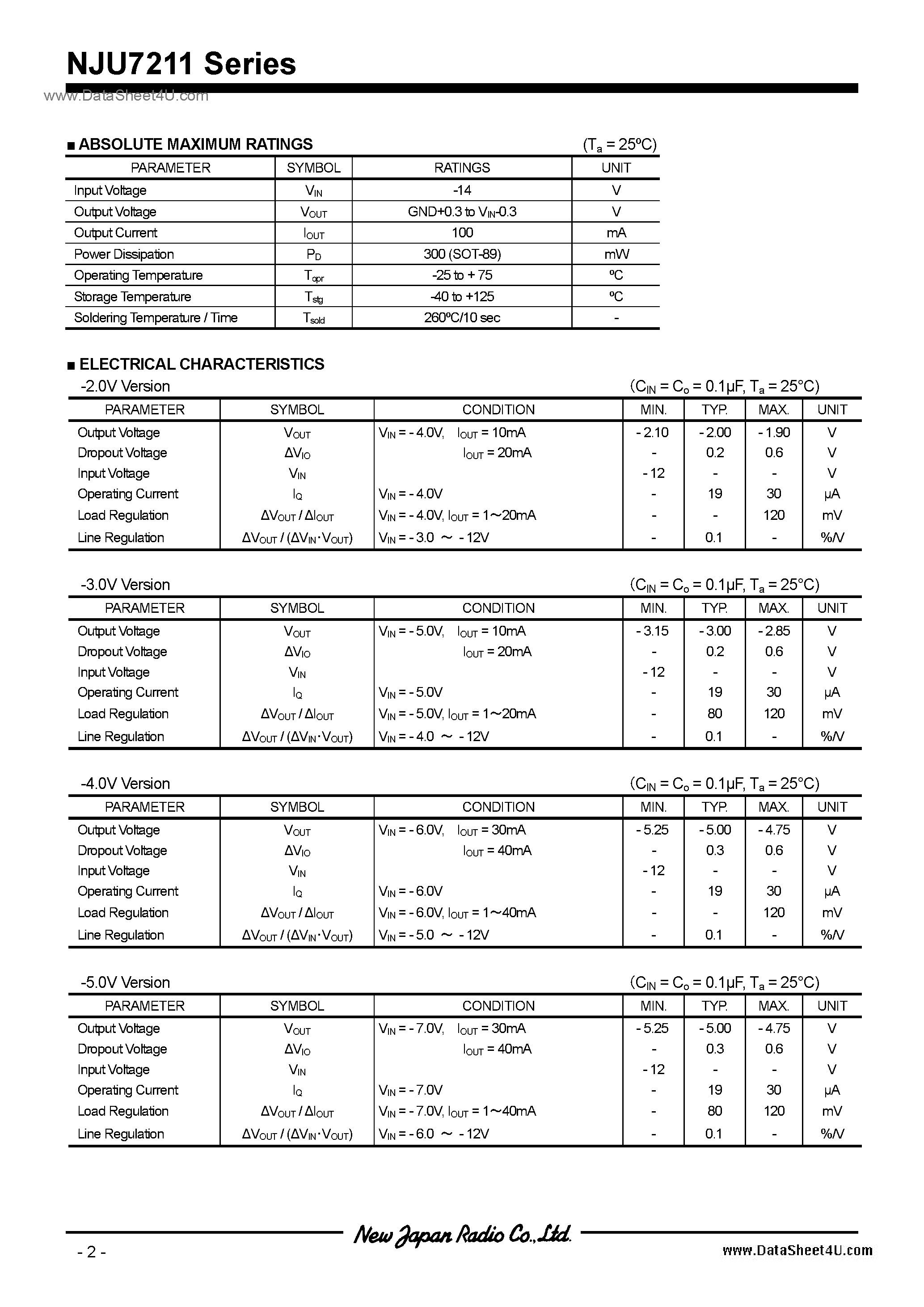 Даташит NJU7211 - -2.0 ~ -5.0 / SOT89 страница 2