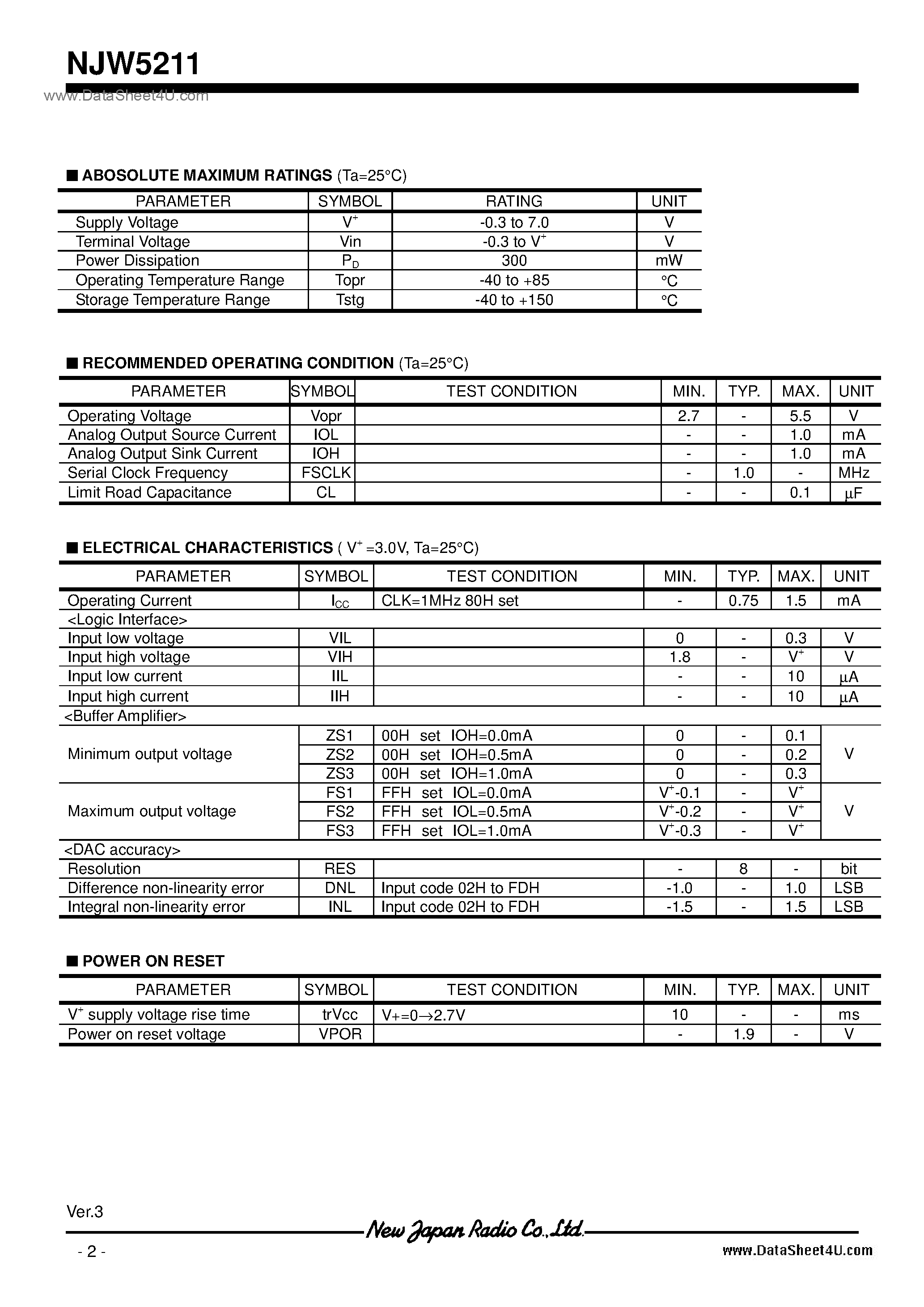 Даташит NJW5211 - 2.7V-5.5V / SSOP14 страница 2