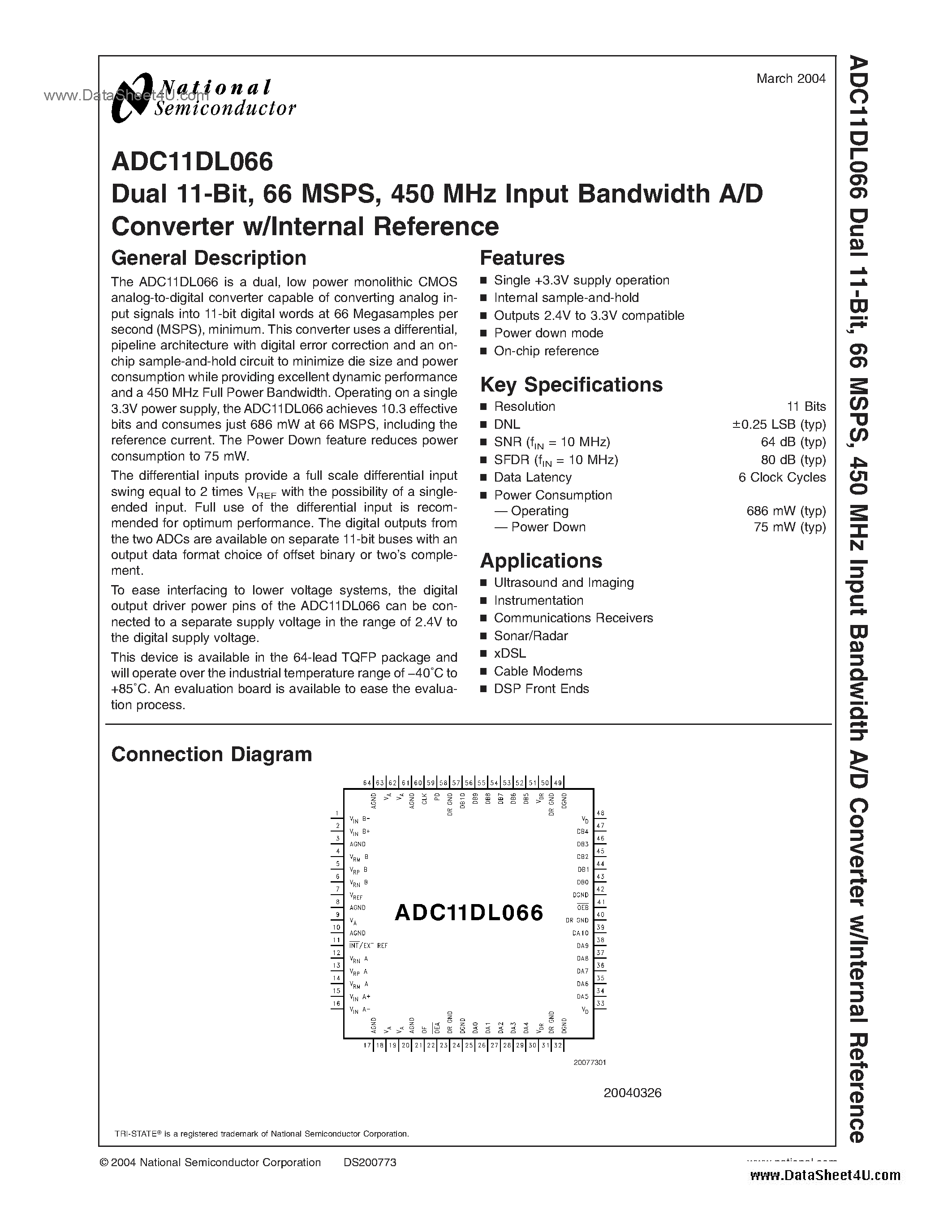 Даташит ADC11DL066 - 450 MHz Input Bandwidth A/D Converter w/Internal Reference страница 1