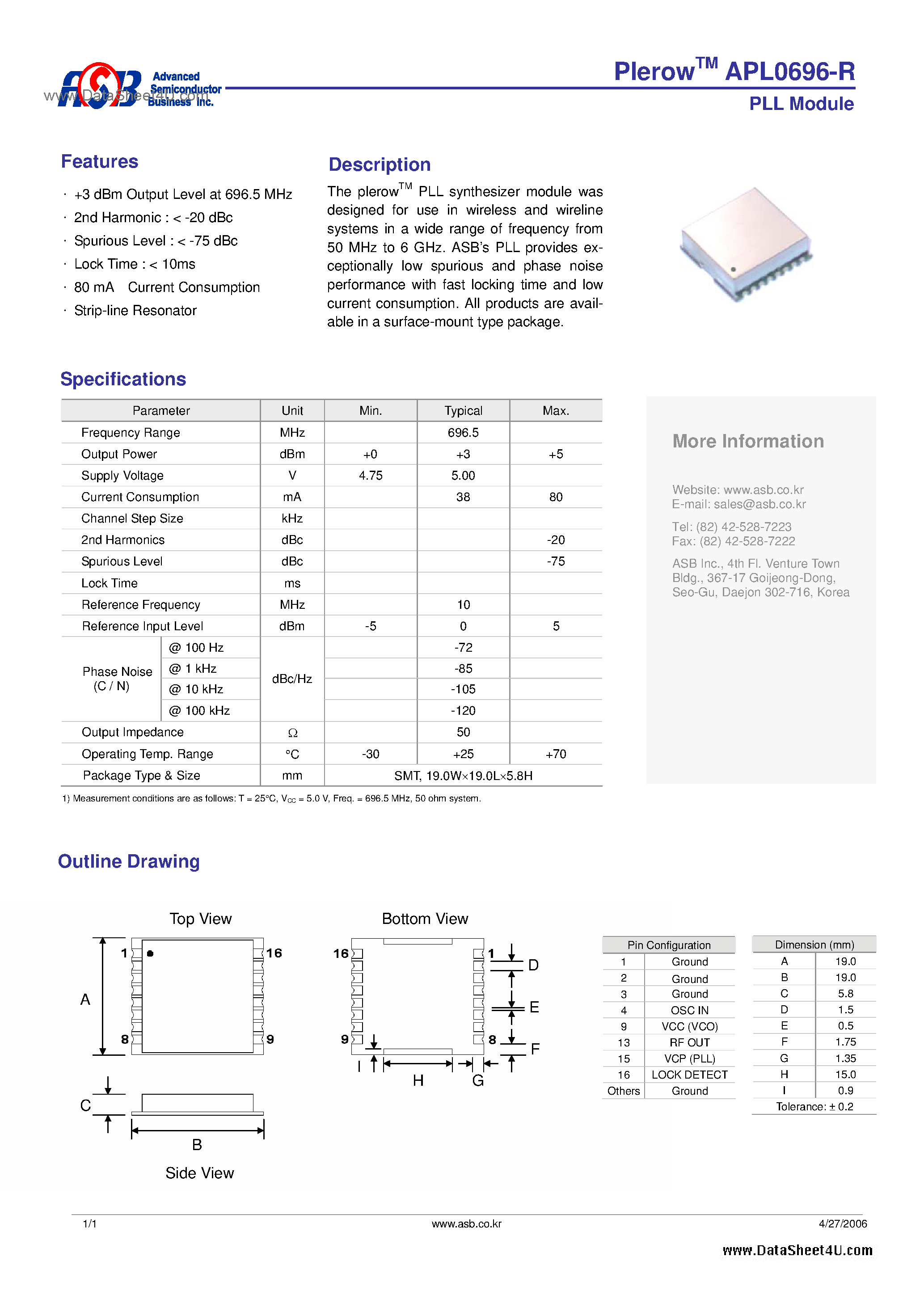 Datasheet APL0696-R - PLL Module page 1