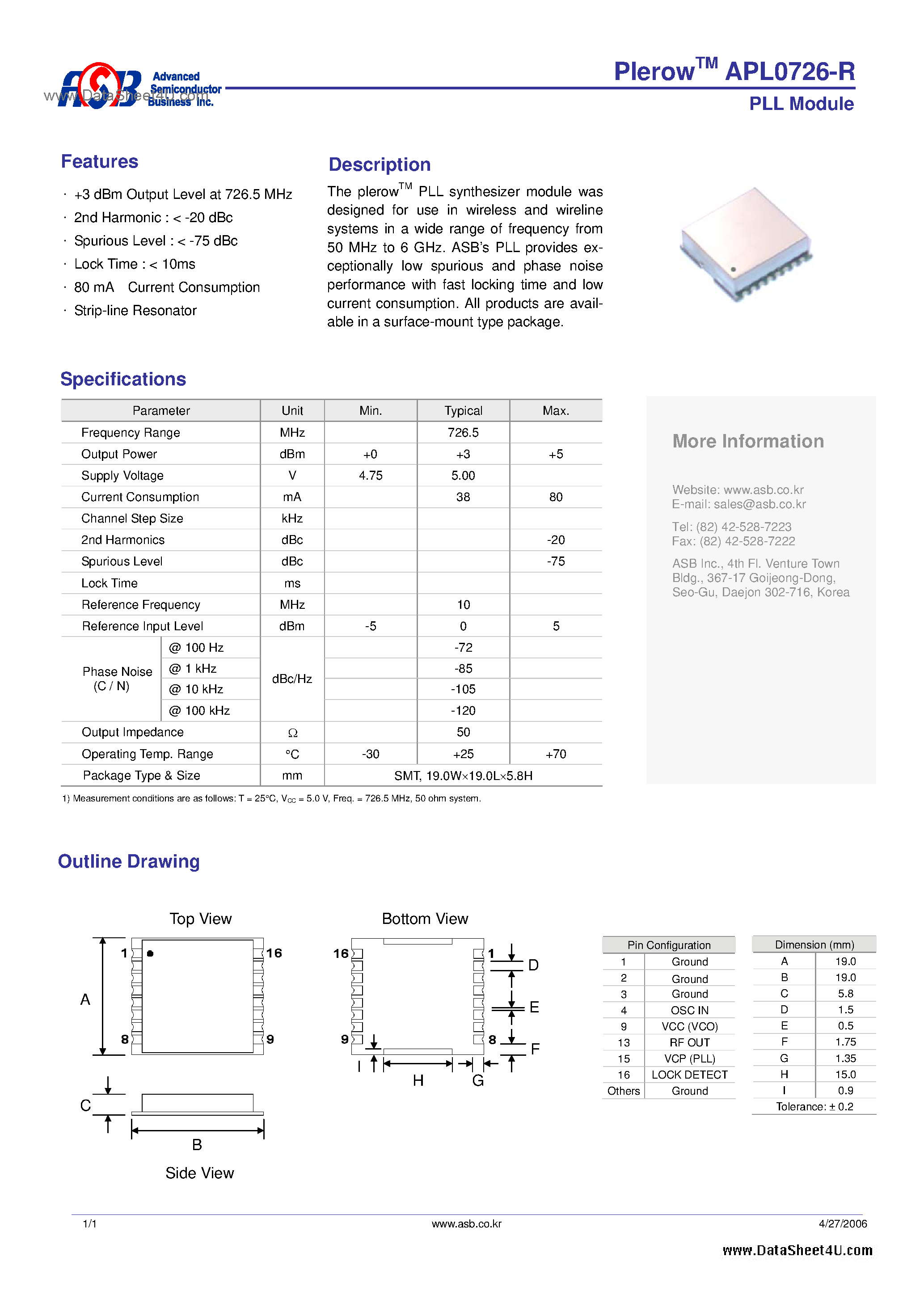 Datasheet APL0726-R - PLL Module page 1