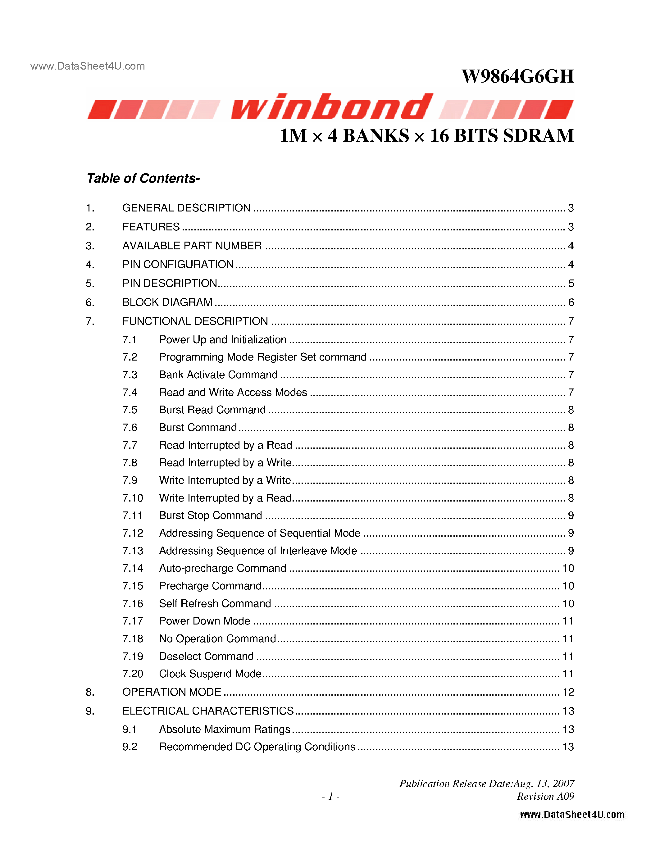 Datasheet W9864G6GH - 1M X 4 BANKS X 16 BITS SDRAM page 1