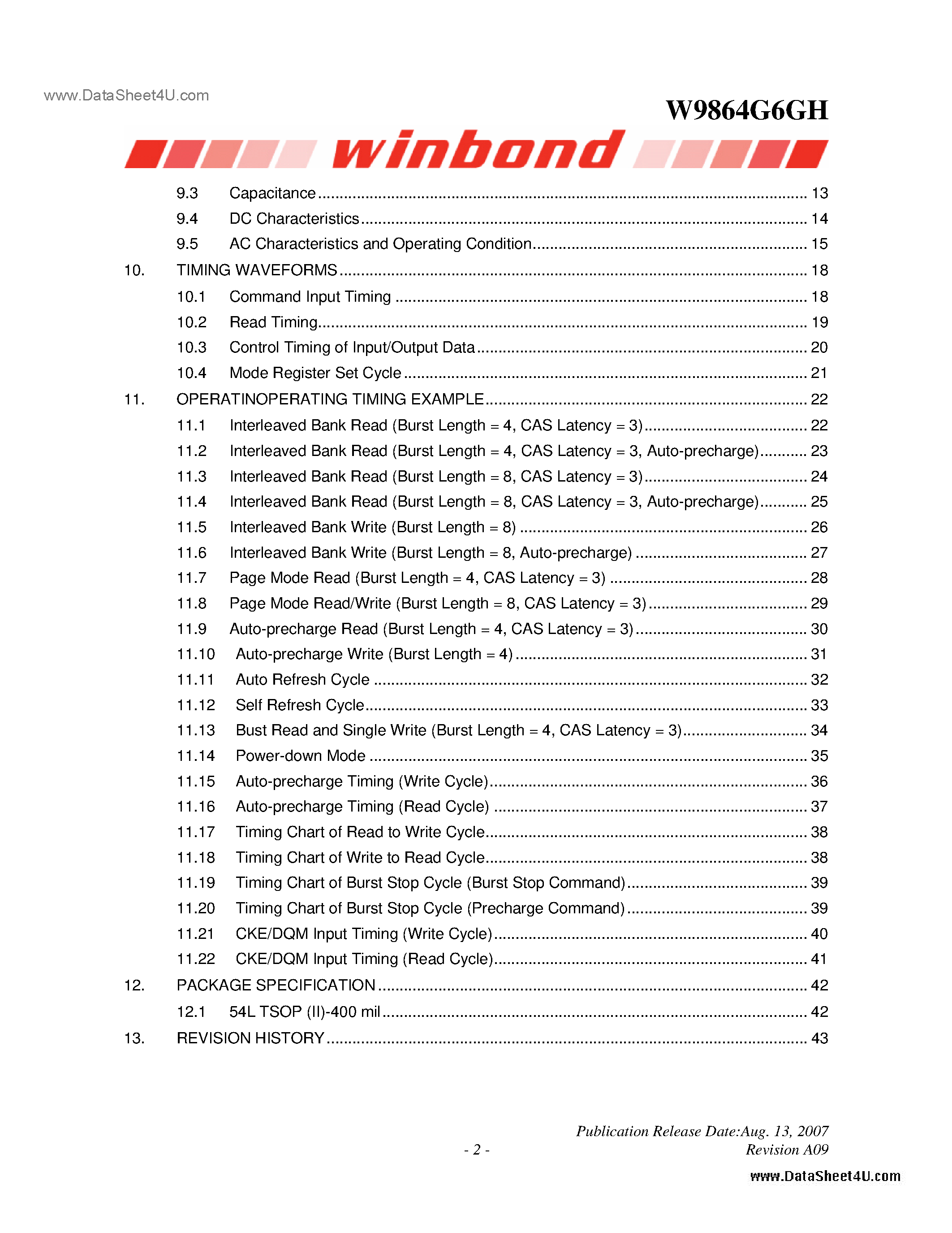 Datasheet W9864G6GH - 1M X 4 BANKS X 16 BITS SDRAM page 2