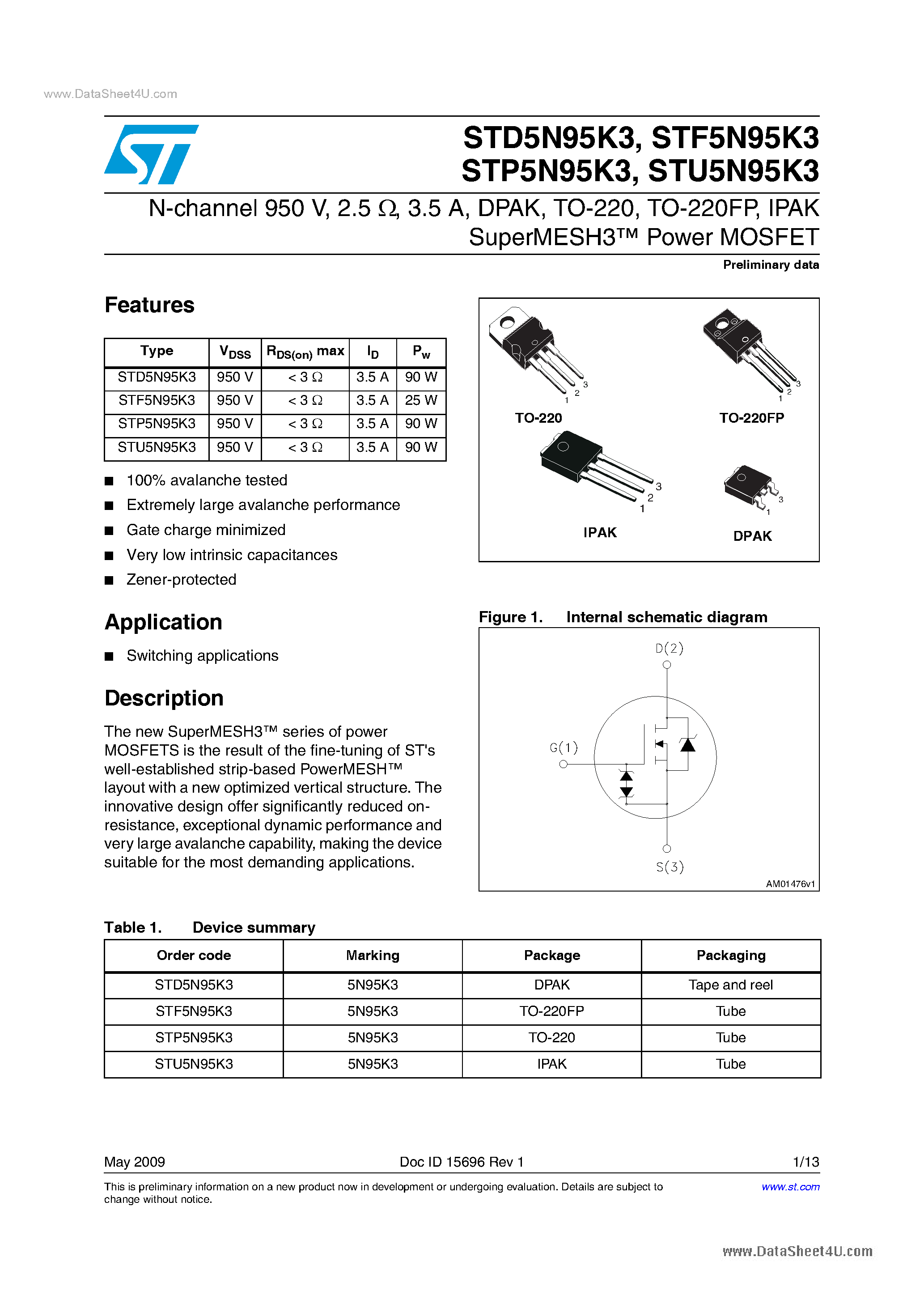 Datasheet STU5N95K3 - Power MOSFETs page 1