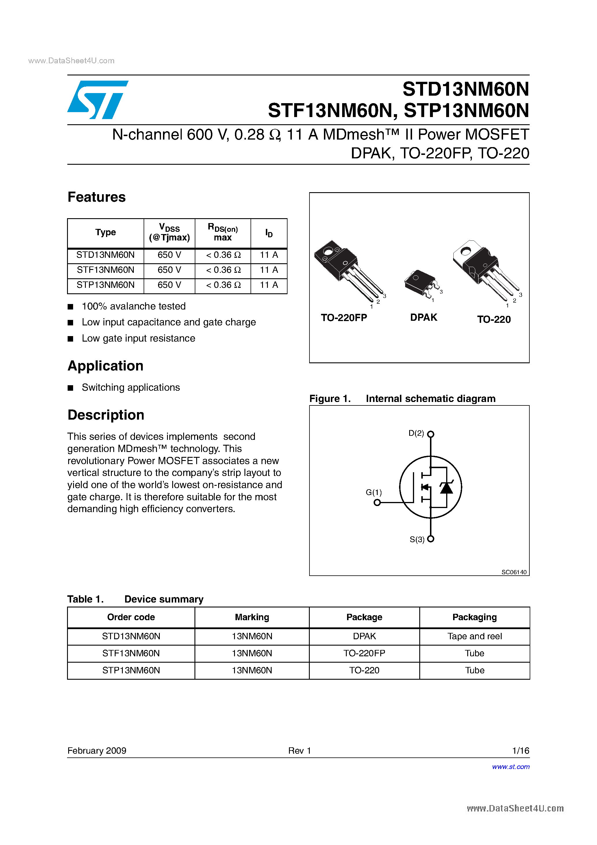 Даташит STD13NM60N - Power MOSFETs страница 1