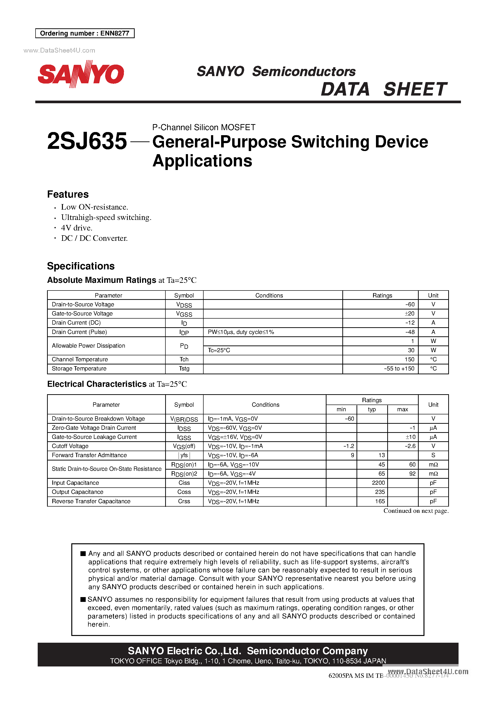 Datasheet 2SJ635 - P-Channel Silicon MOSFET General-Purpose Switching Device Applications page 1