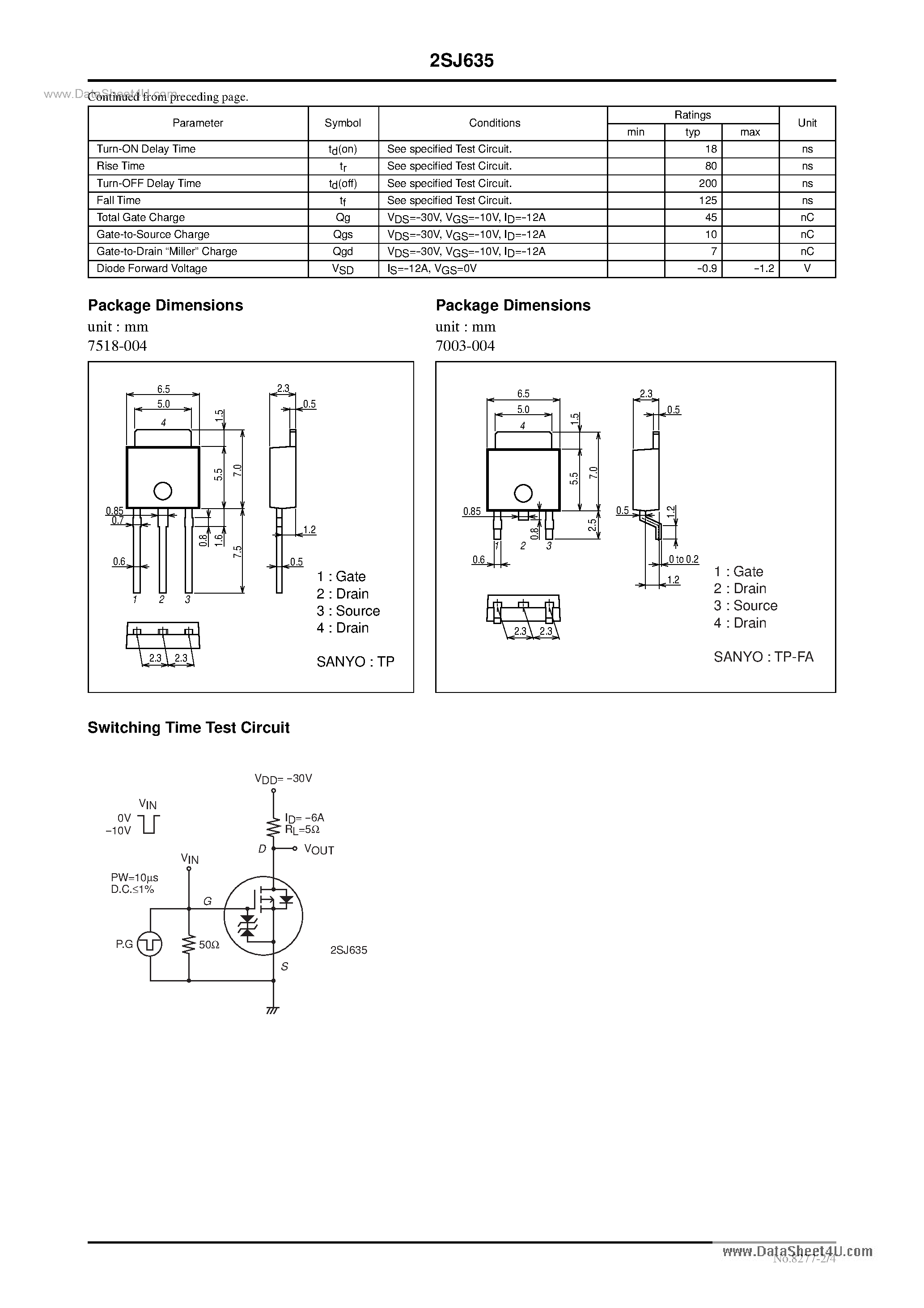 Datasheet 2SJ635 - P-Channel Silicon MOSFET General-Purpose Switching Device Applications page 2