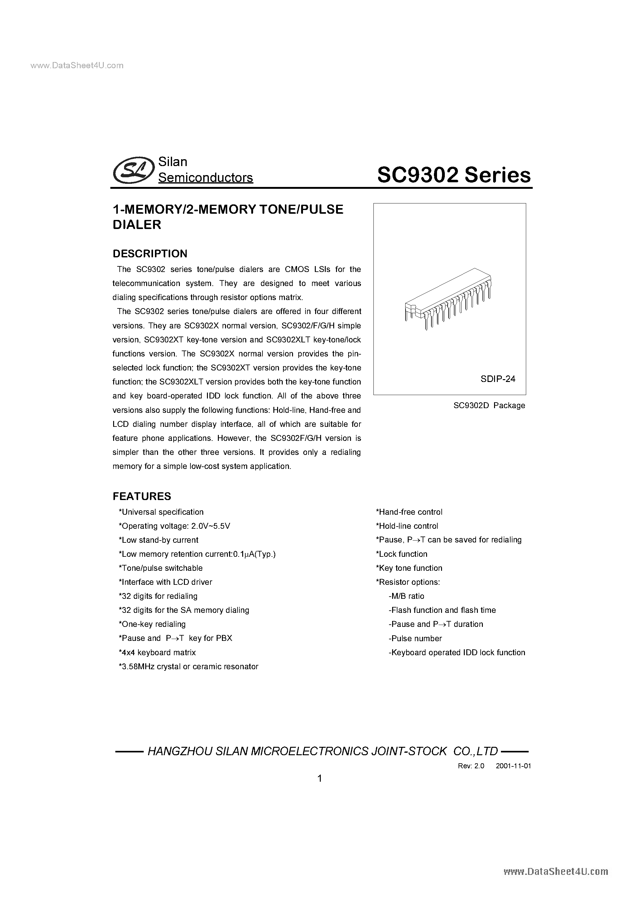 Даташит SC9302 - 1-MEMORY/2-MEMORY TONE/PULSE DIALER страница 1