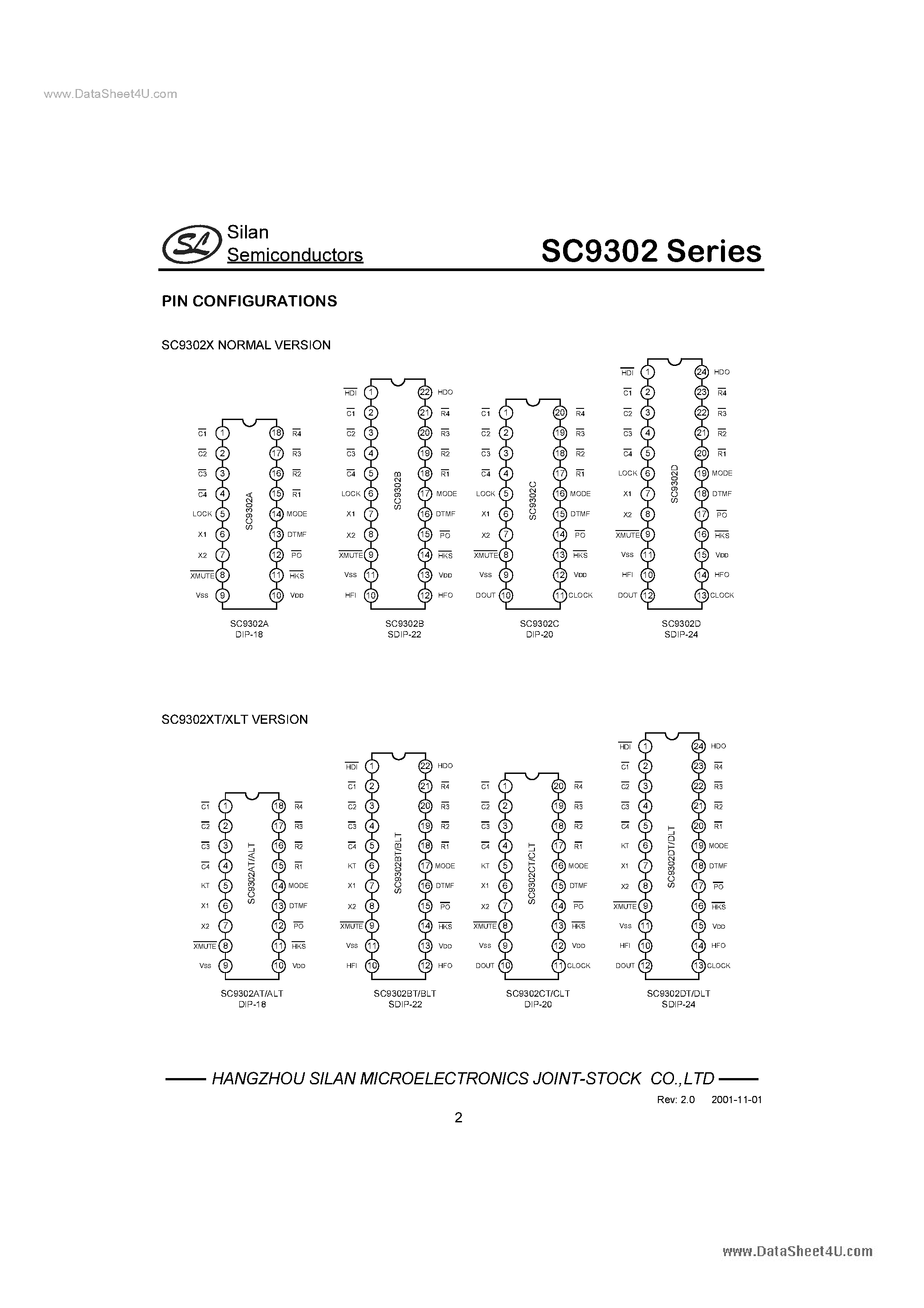 Даташит SC9302 - 1-MEMORY/2-MEMORY TONE/PULSE DIALER страница 2